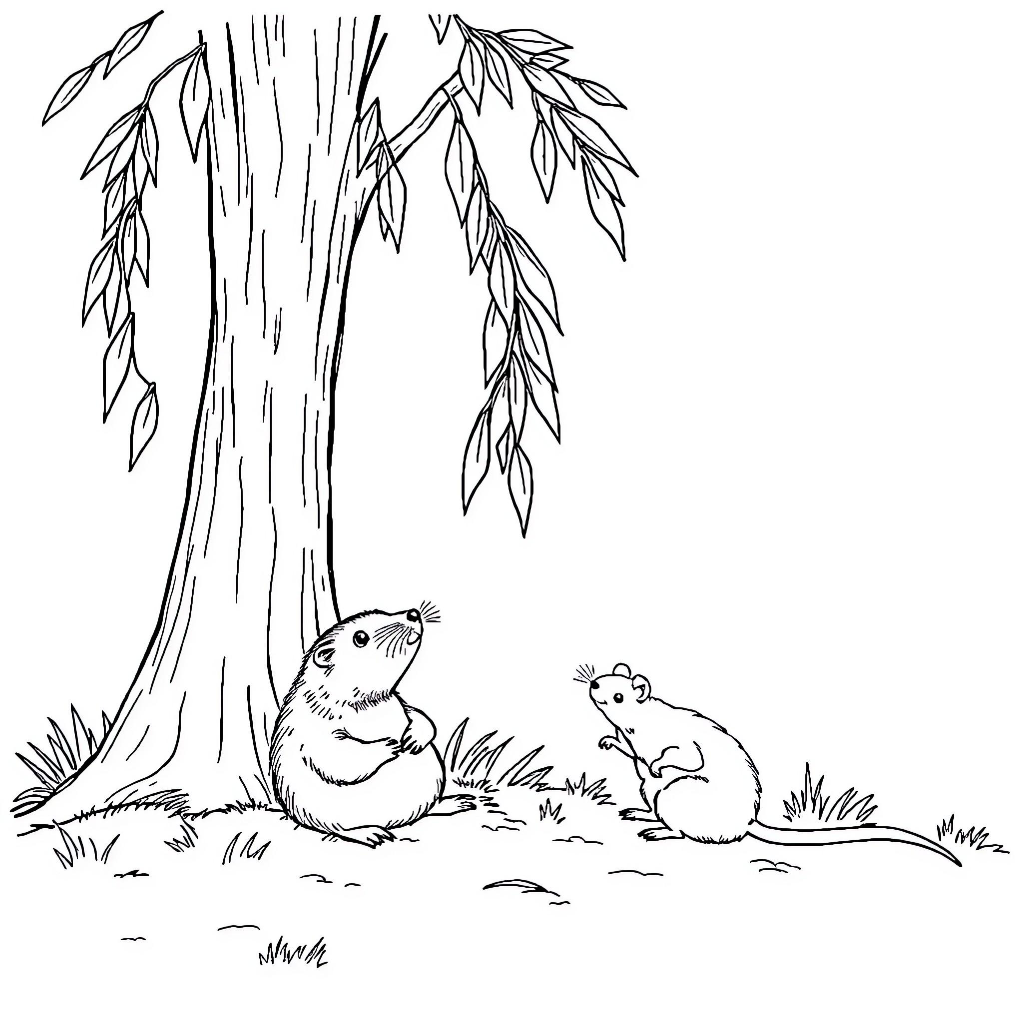 Mole exploring the forest with a friend Coloring Page (free black-and-white line drawing printable PDF for all, from beginners to advanced learners, including children, teens, adults, and seniors)