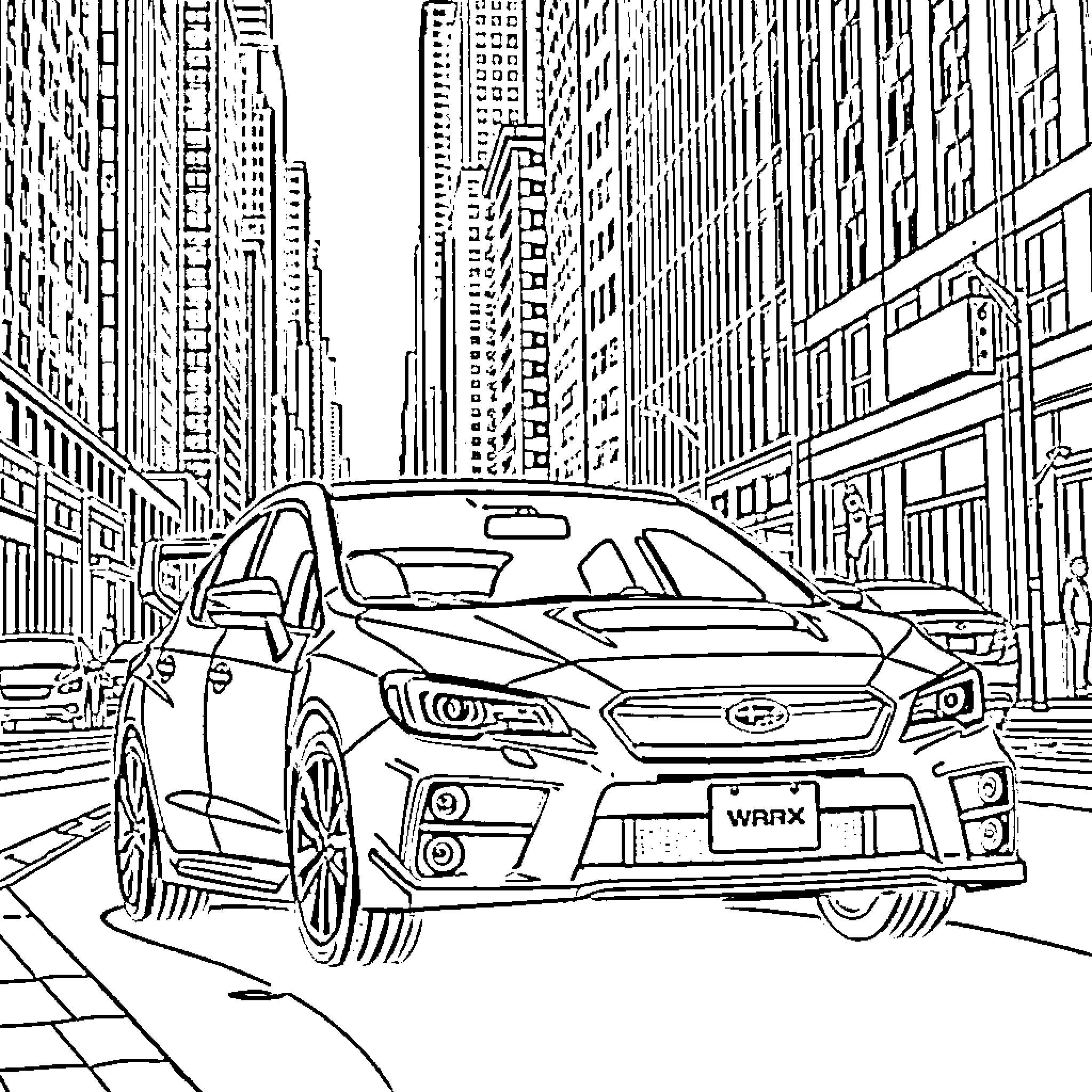 Subaru WRAX model in an urban city scene Coloring Page (free black-and-white line drawing printable PDF for all, from beginners to advanced learners, including children, teens, adults, and seniors)