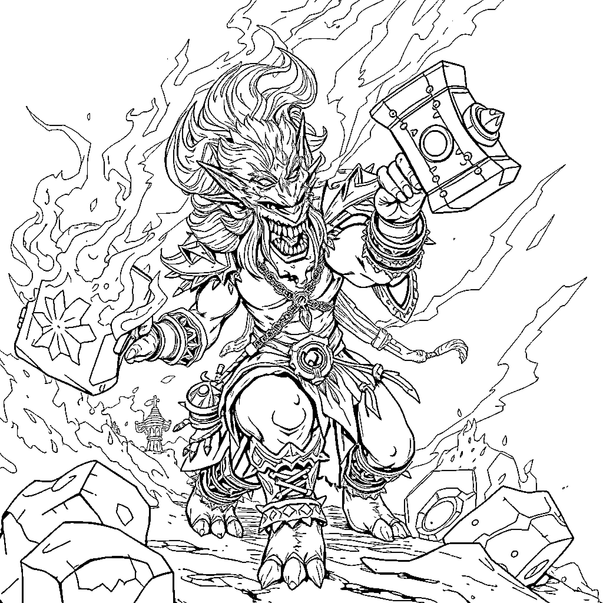 Troll warrior wielding powerful weapon amidst chaos Coloring Page (free black-and-white line drawing printable PDF for all, from beginners to advanced learners, including children, teens, adults, and seniors)