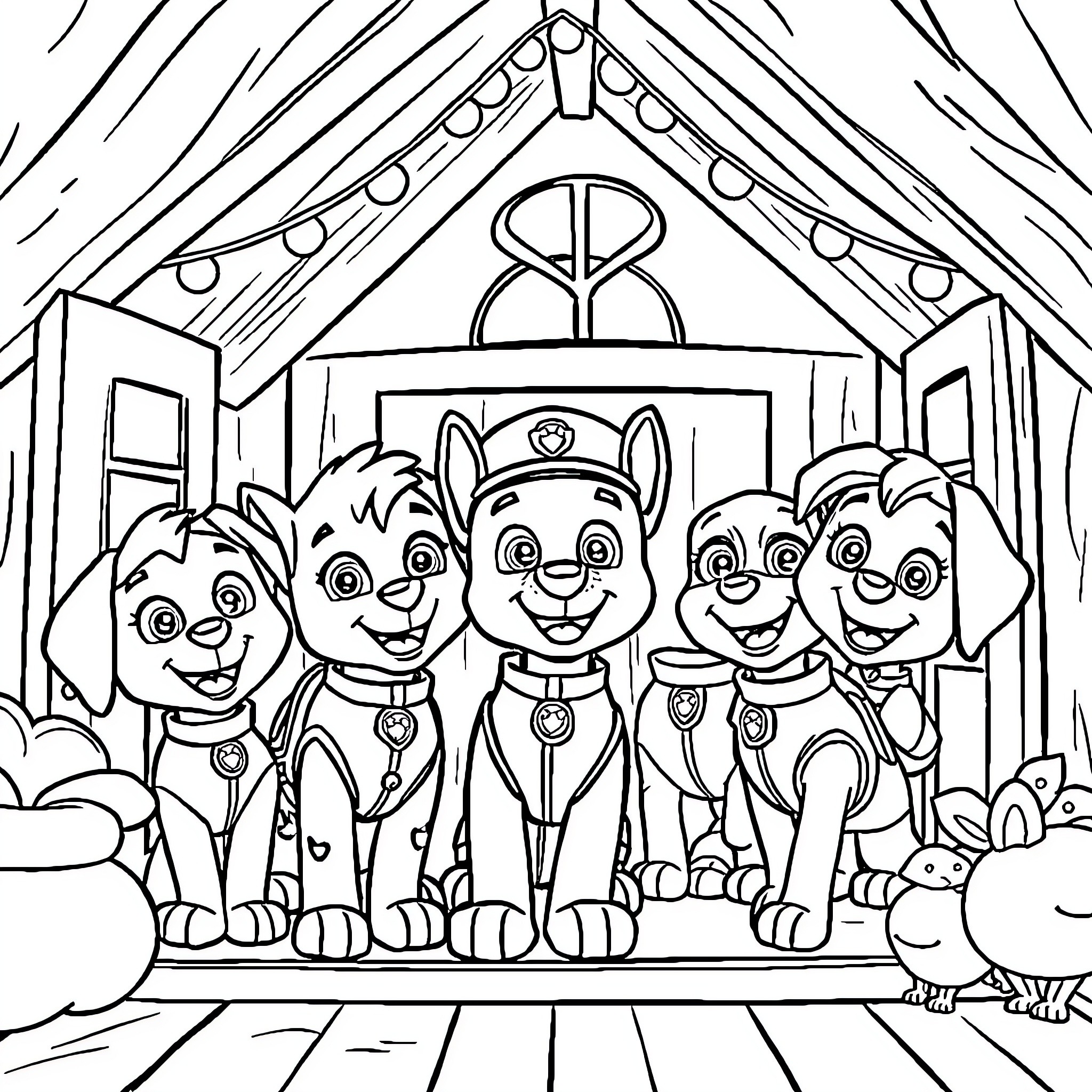 Paw Patrol team in action at the headquarters Coloring Page (free black-and-white line drawing printable PDF for all, from beginners to advanced learners, including children, teens, adults, and seniors)