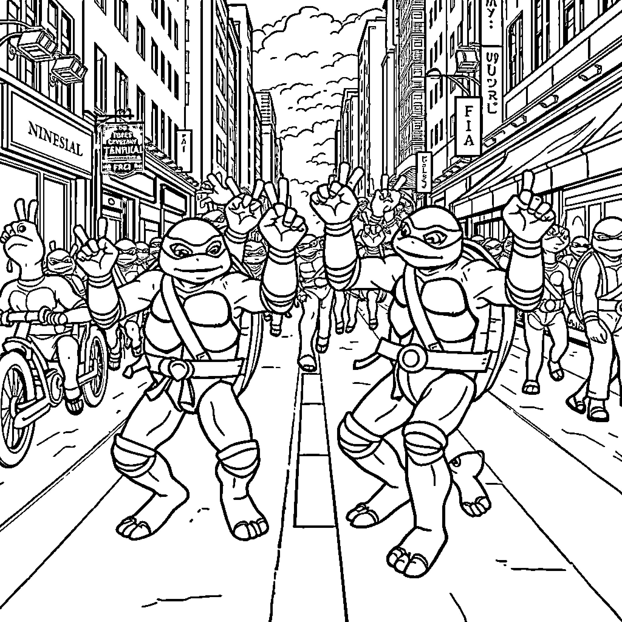 Ninja Turtle Turtles in a Crowd on the City Street Coloring Page (free black-and-white line drawing printable PDF for all, from beginners to advanced learners, including children, teens, adults, and seniors)