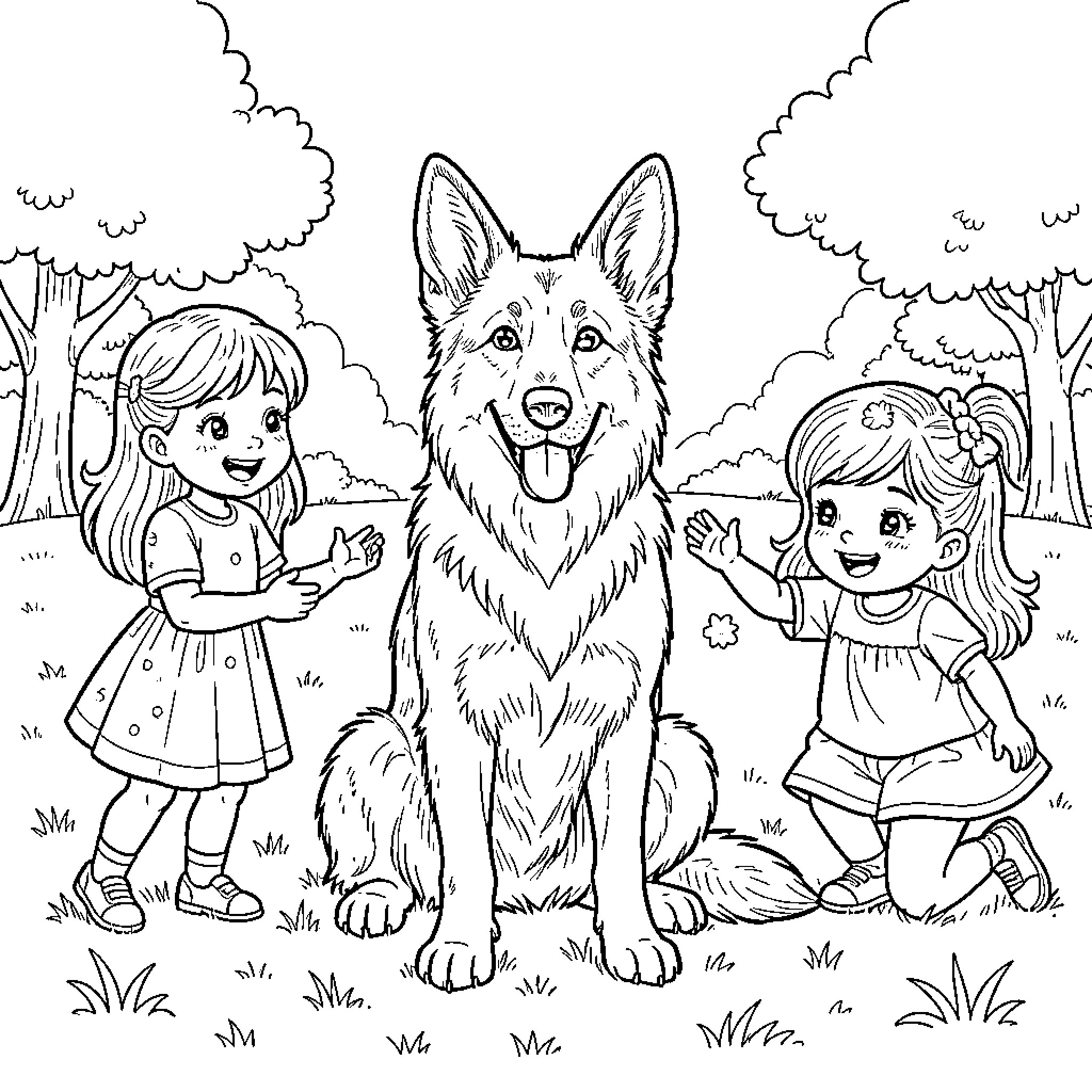 German Shepherd playing with happy girls in the park Coloring Page (free black-and-white line drawing printable PDF for all, from beginners to advanced learners, including children, teens, adults, and seniors)