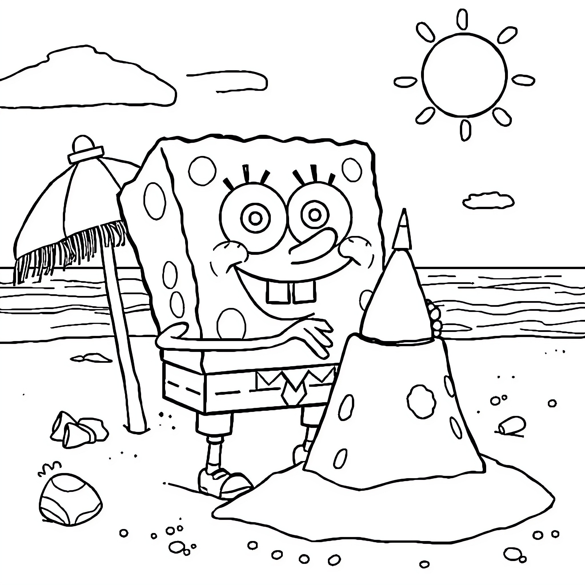 Spongebob enjoying beach day with friends Coloring Page (free black-and-white line drawing printable PDF for all, from beginners to advanced learners, including children, teens, adults, and seniors)