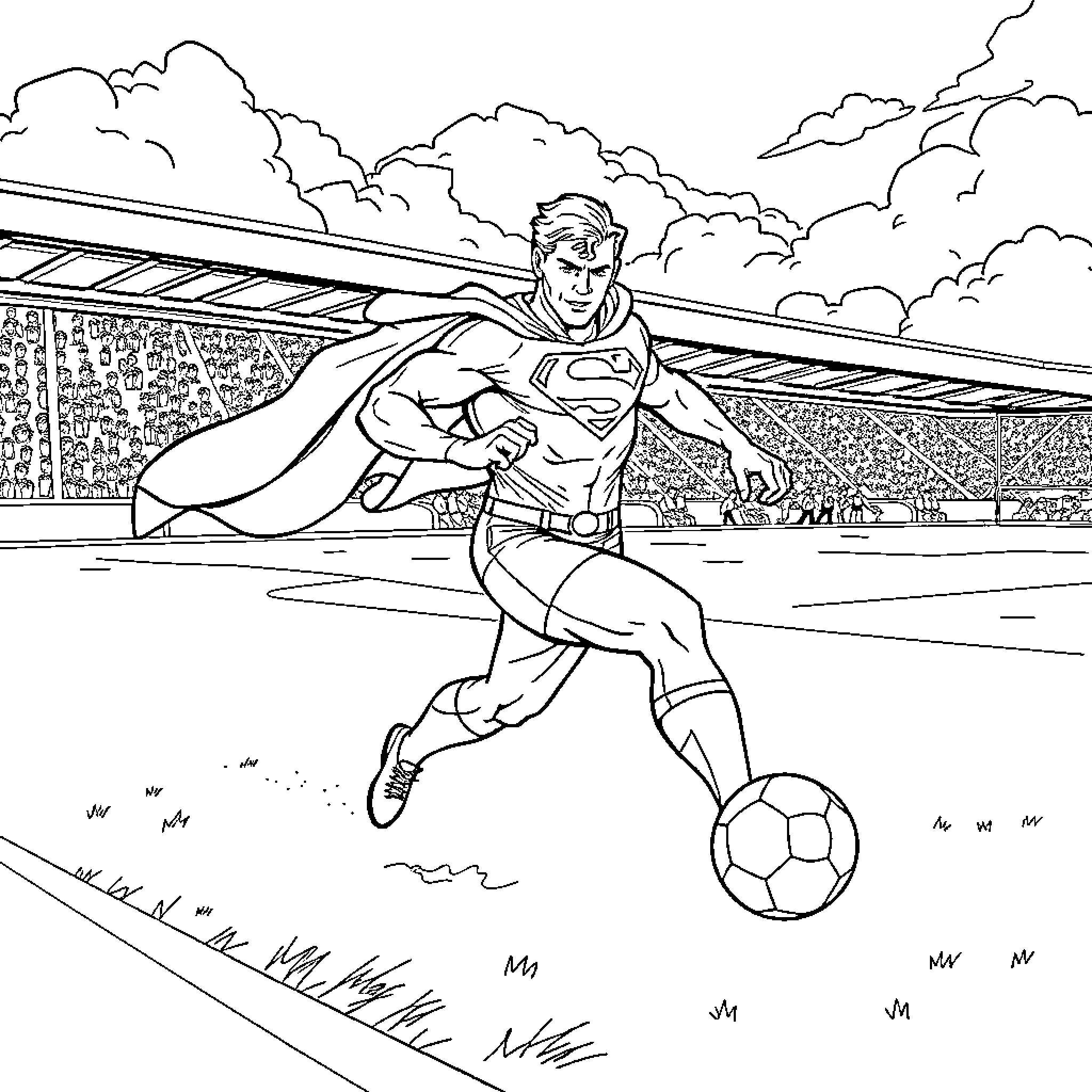 Superman playing soccer in a stadium Coloring Page (free black-and-white line drawing printable PDF for all, from beginners to advanced learners, including children, teens, adults, and seniors)
