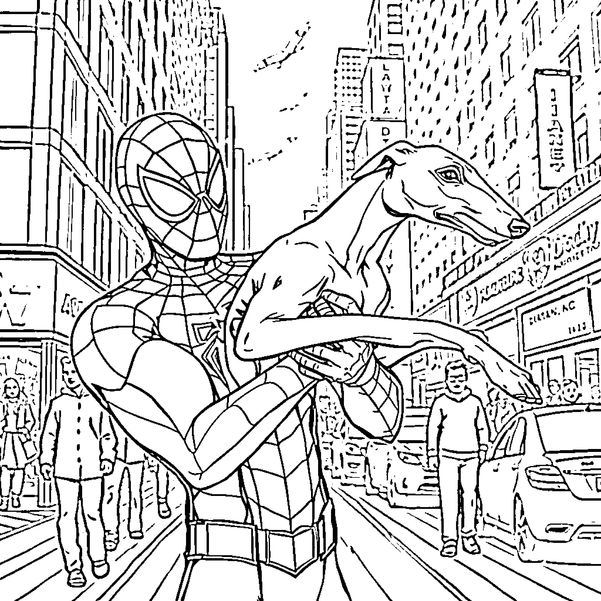 Spiderman swinging through the city streets Coloring Page (free black-and-white line drawing printable PDF for all, from beginners to advanced learners, including children, teens, adults, and seniors)
