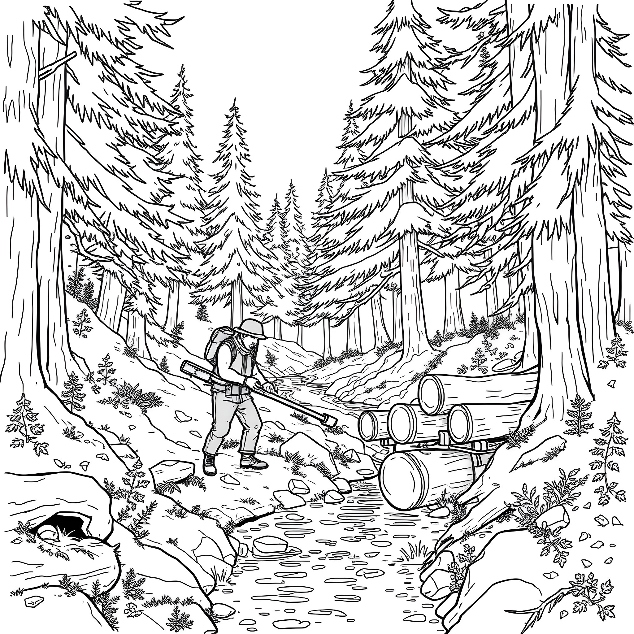 Wood Pickup in the Forested Wilderness Coloring Page (free black-and-white line drawing printable PDF for all, from beginners to advanced learners, including children, teens, adults, and seniors)