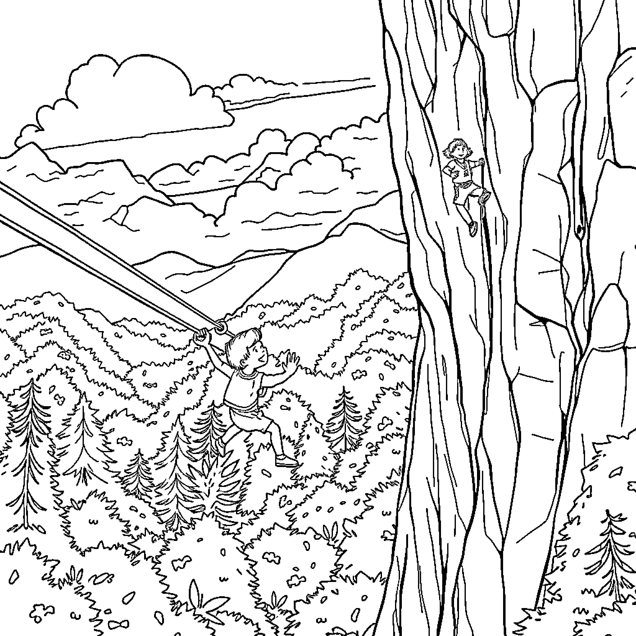 Kid climbing up a tree in the woods Coloring Page (free black-and-white line drawing printable PDF for all, from beginners to advanced learners, including children, teens, adults, and seniors)