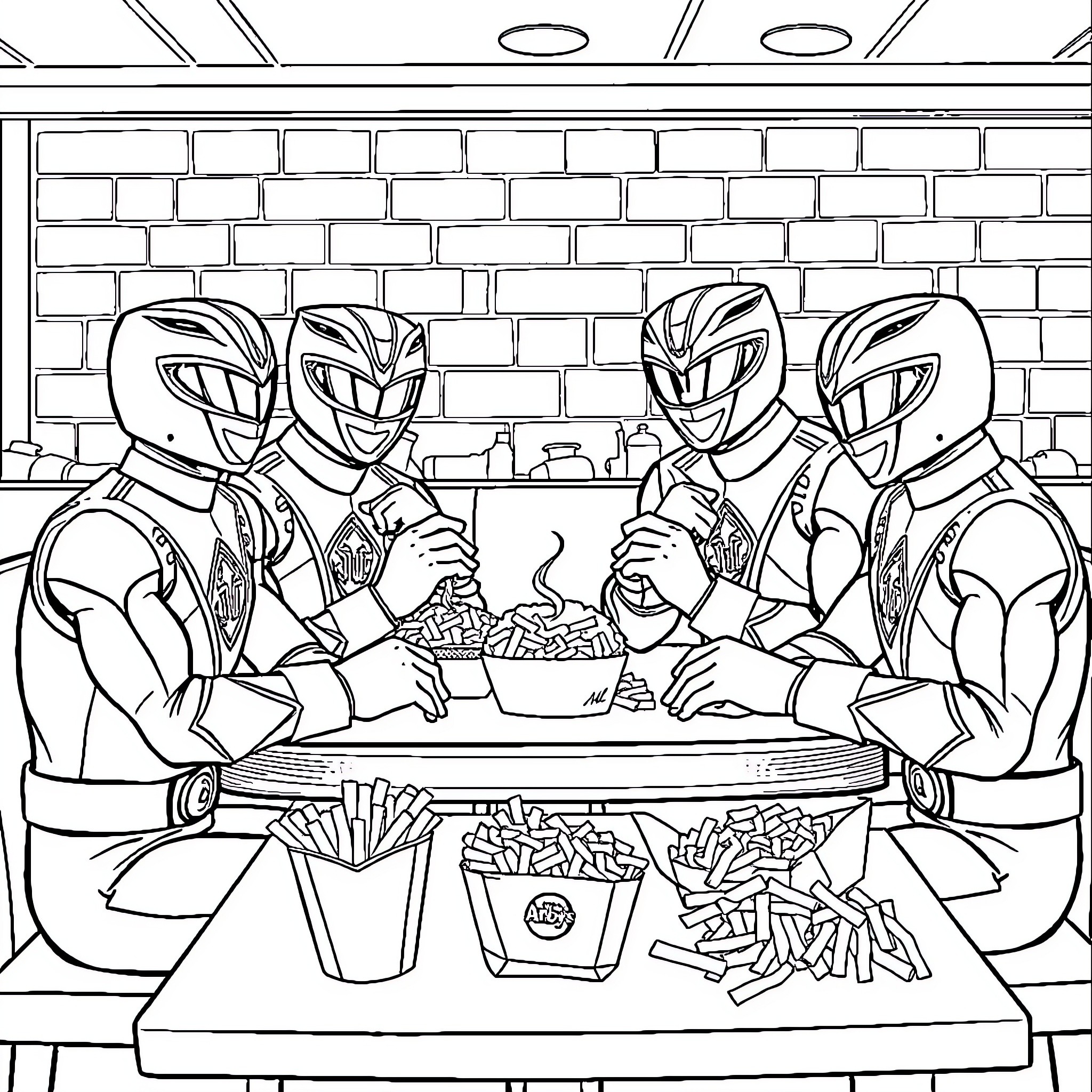 Power Rangers Eating Tasty Snacks Together Coloring Page (free black-and-white line drawing printable PDF for all, from beginners to advanced learners, including children, teens, adults, and seniors)