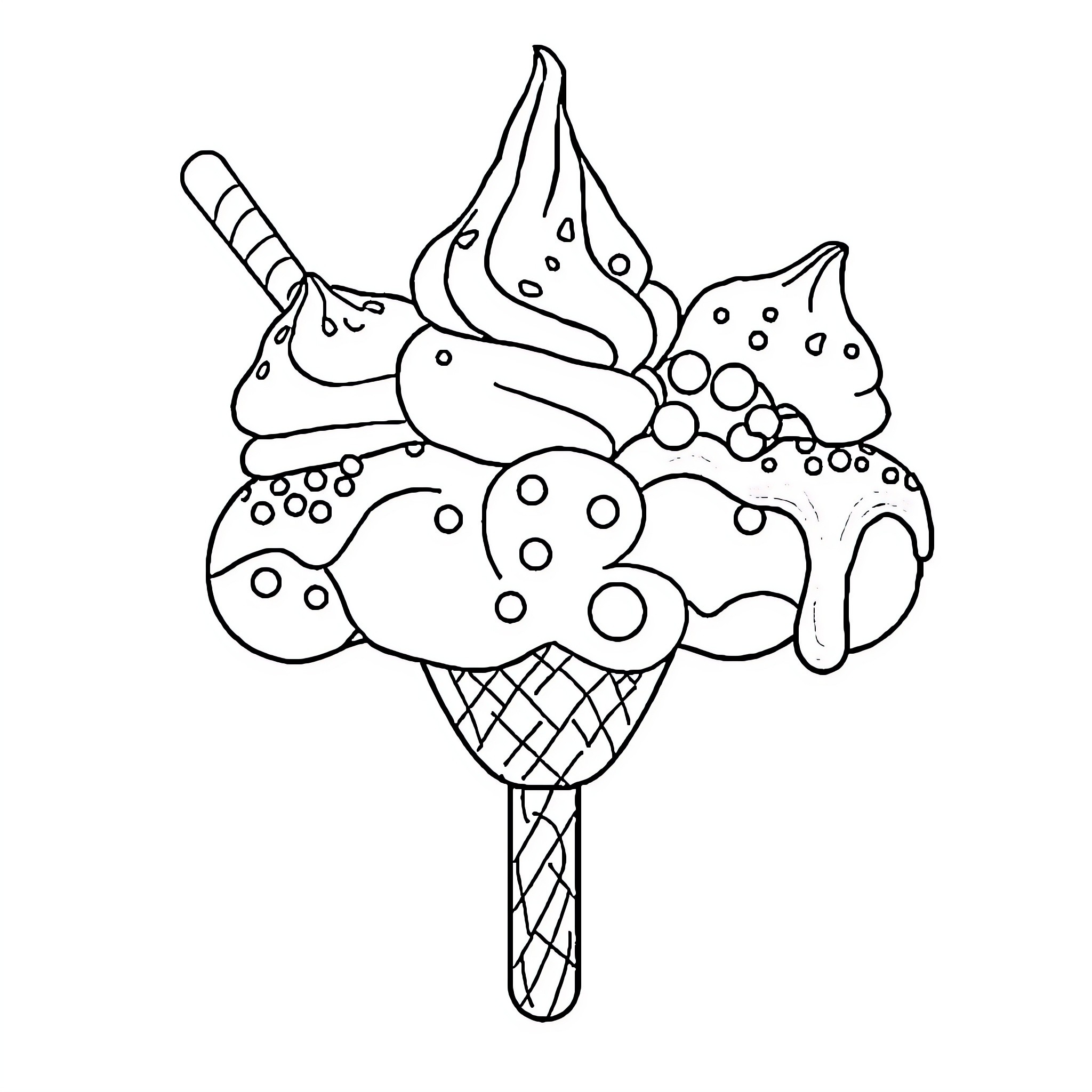 Ice Cream Treat with Decorative Swirls Coloring Page (free black-and-white line drawing printable PDF for all, from beginners to advanced learners, including children, teens, adults, and seniors)