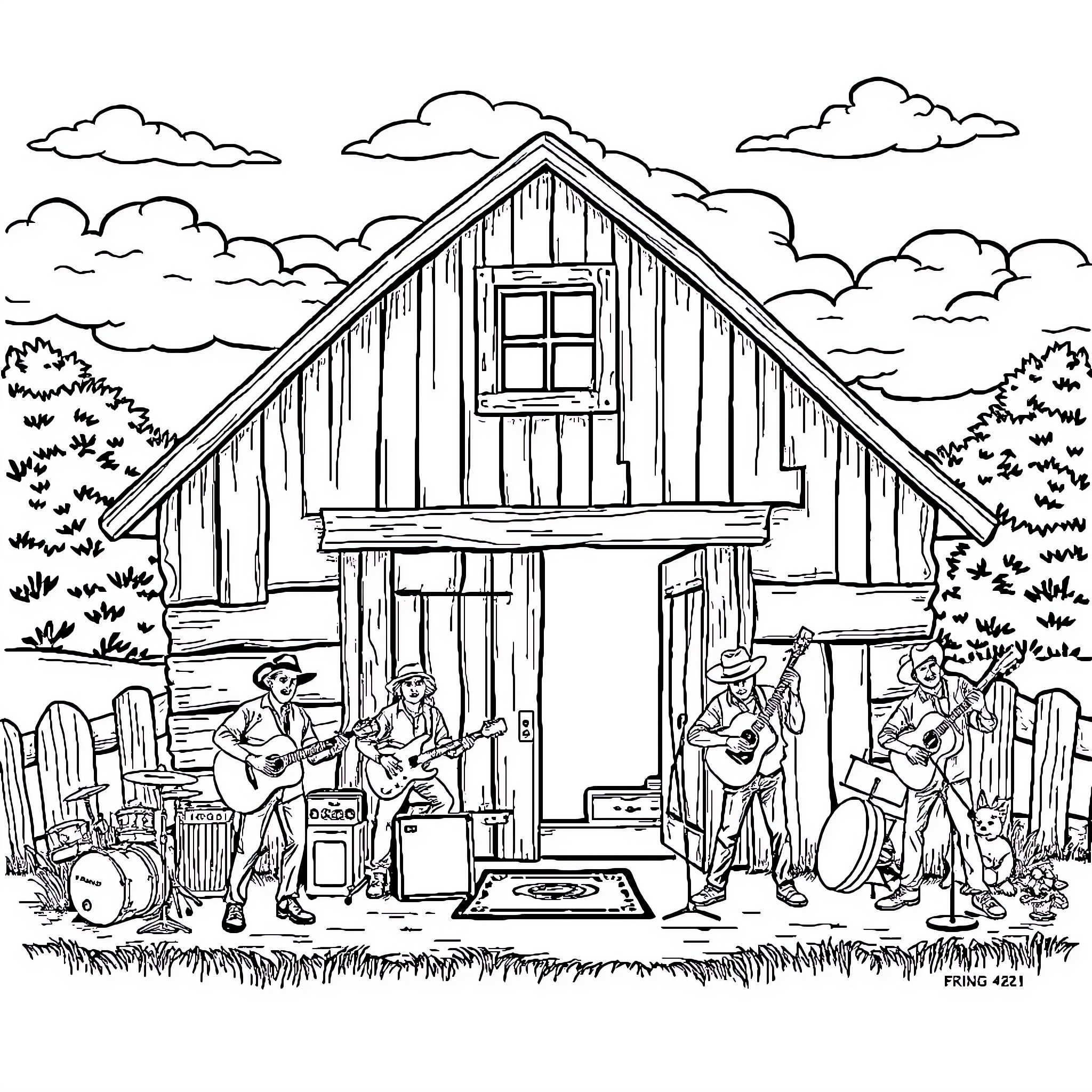 Barn with musicians playing instruments Coloring Page (free black-and-white line drawing printable PDF for all, from beginners to advanced learners, including children, teens, adults, and seniors)