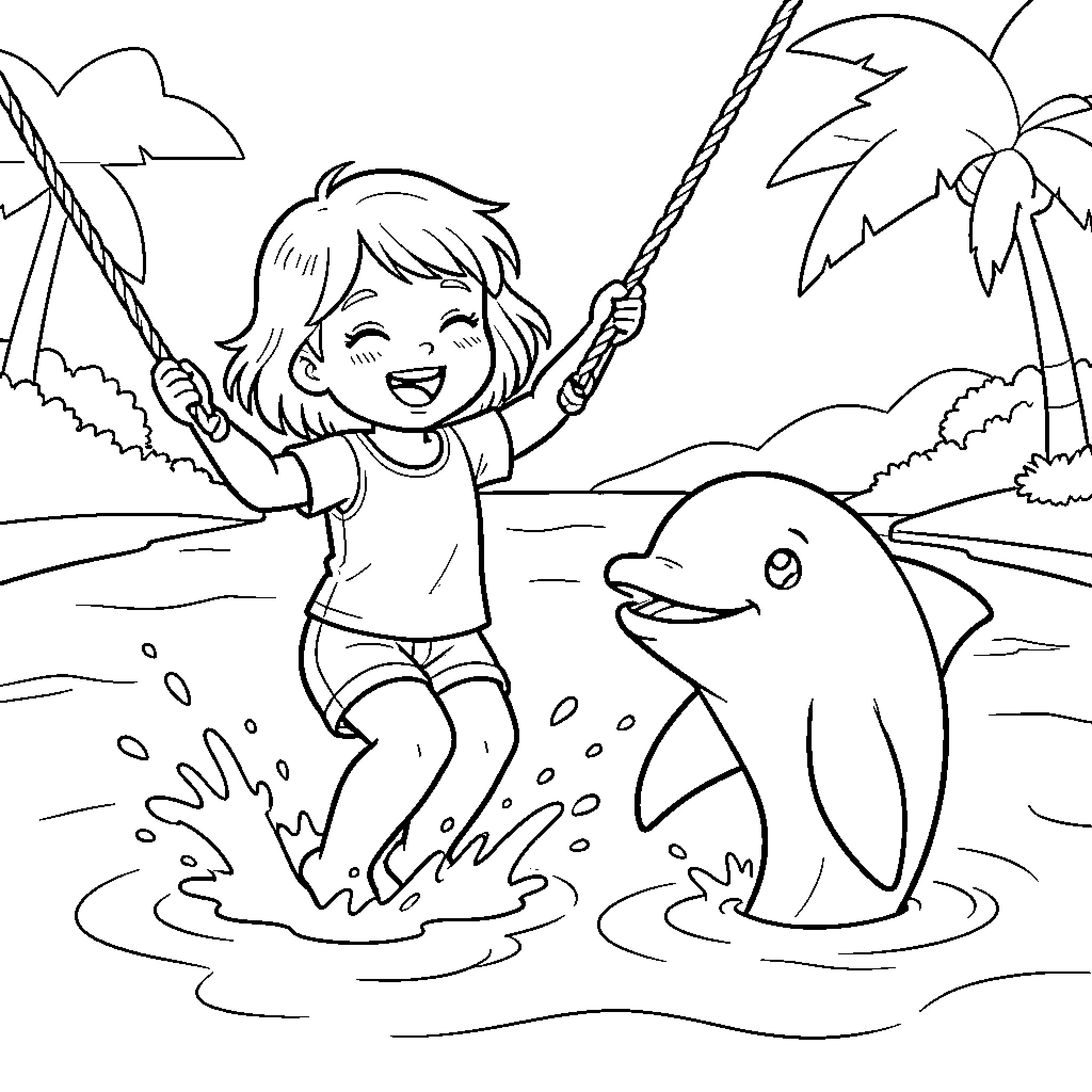 Girl playing joyfully with dolphin in tropical beach scene Coloring Page (free black-and-white line drawing printable PDF for all, from beginners to advanced learners, including children, teens, adults, and seniors)
