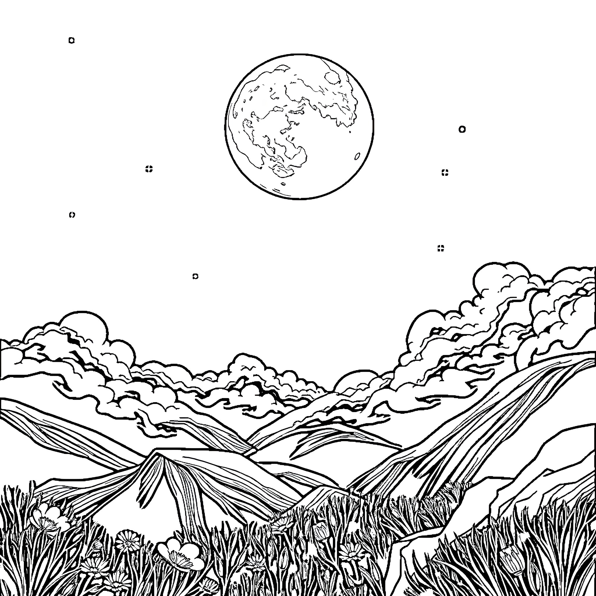 Moon shining over mountain landscape with clouds Coloring Page (free black-and-white line drawing printable PDF for all, from beginners to advanced learners, including children, teens, adults, and seniors)