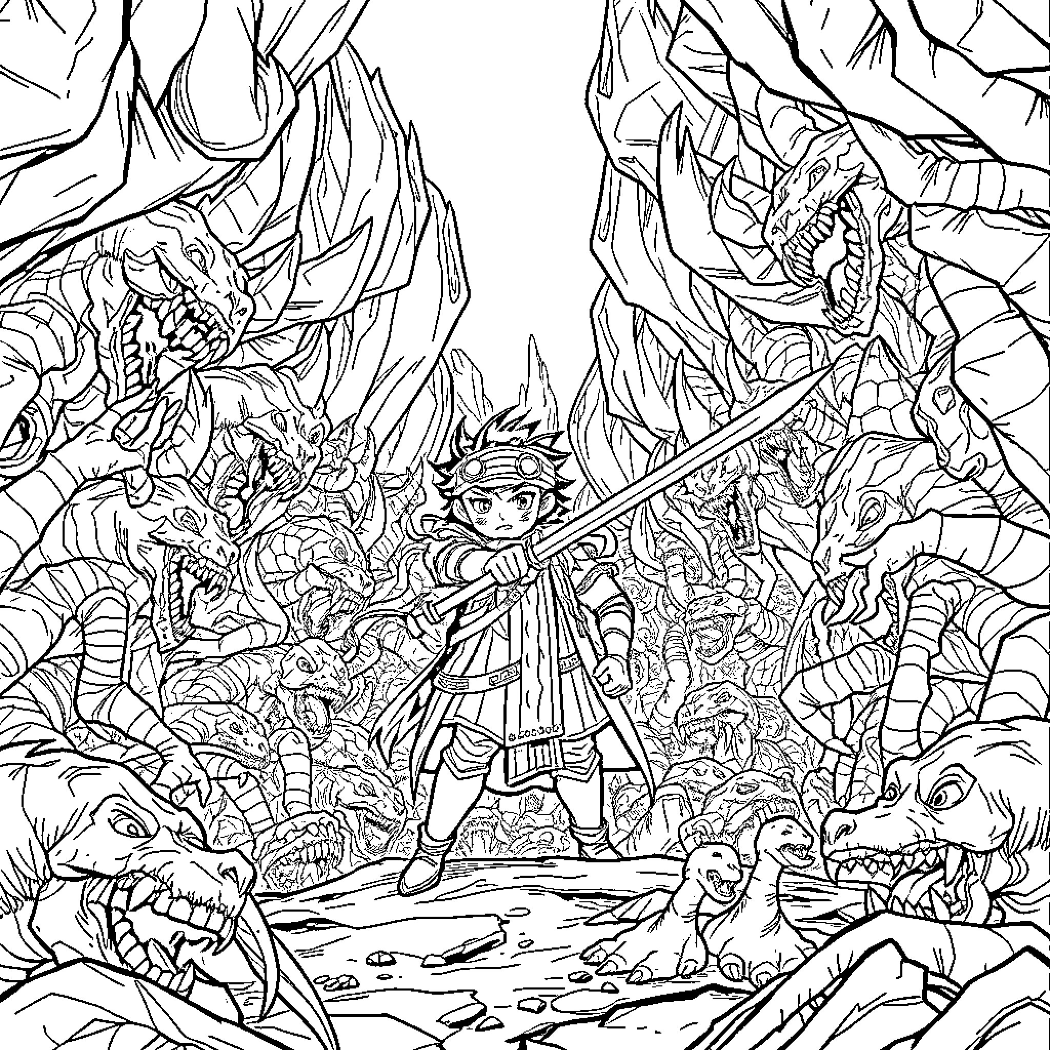 Sung Jin Woo's Thrilling Encounter with Monstrous Foes Coloring Page (free black-and-white line drawing printable PDF for all, from beginners to advanced learners, including children, teens, adults, and seniors)