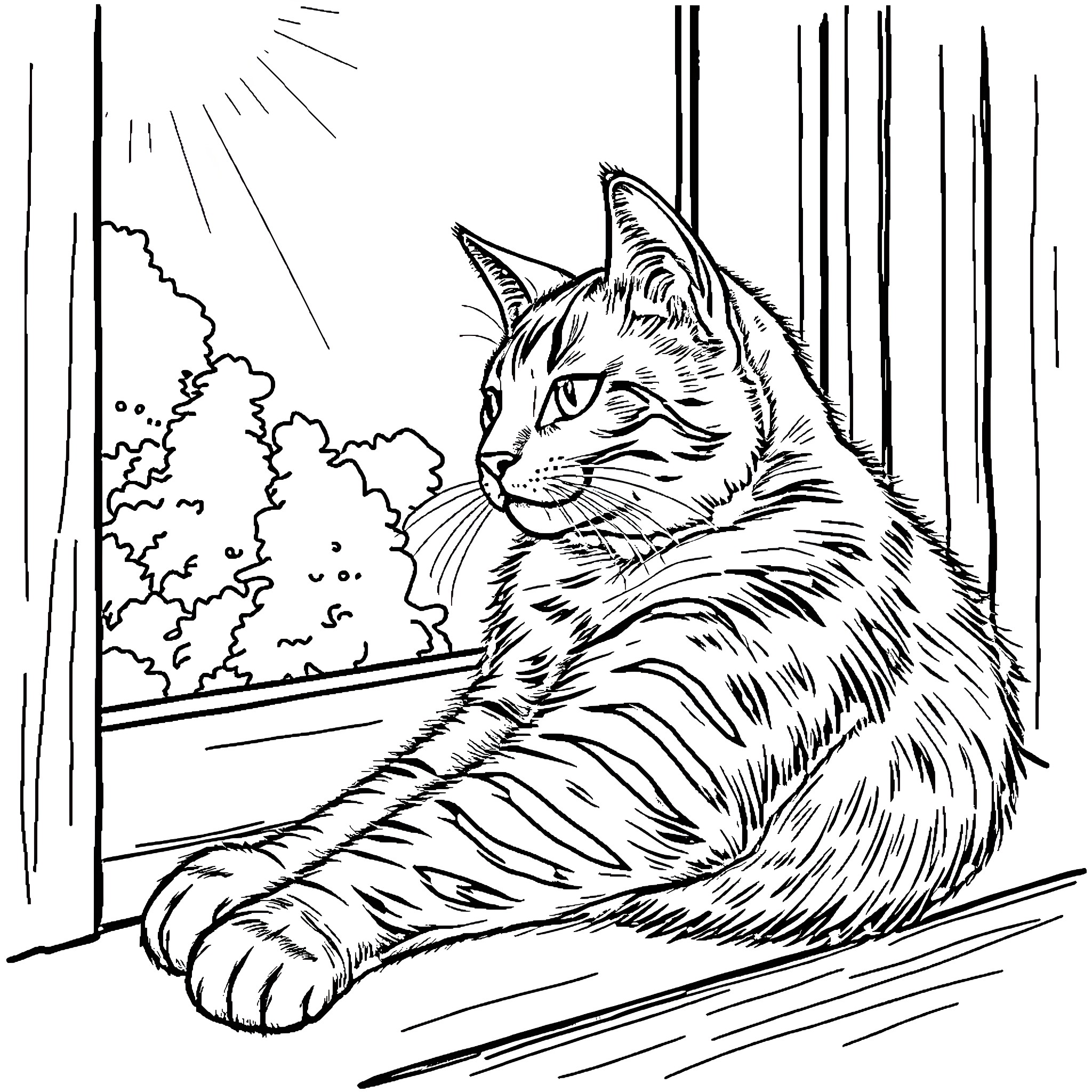 Cat watching through the window on a rainy day Coloring Page (free black-and-white line drawing printable PDF for all, from beginners to advanced learners, including children, teens, adults, and seniors)