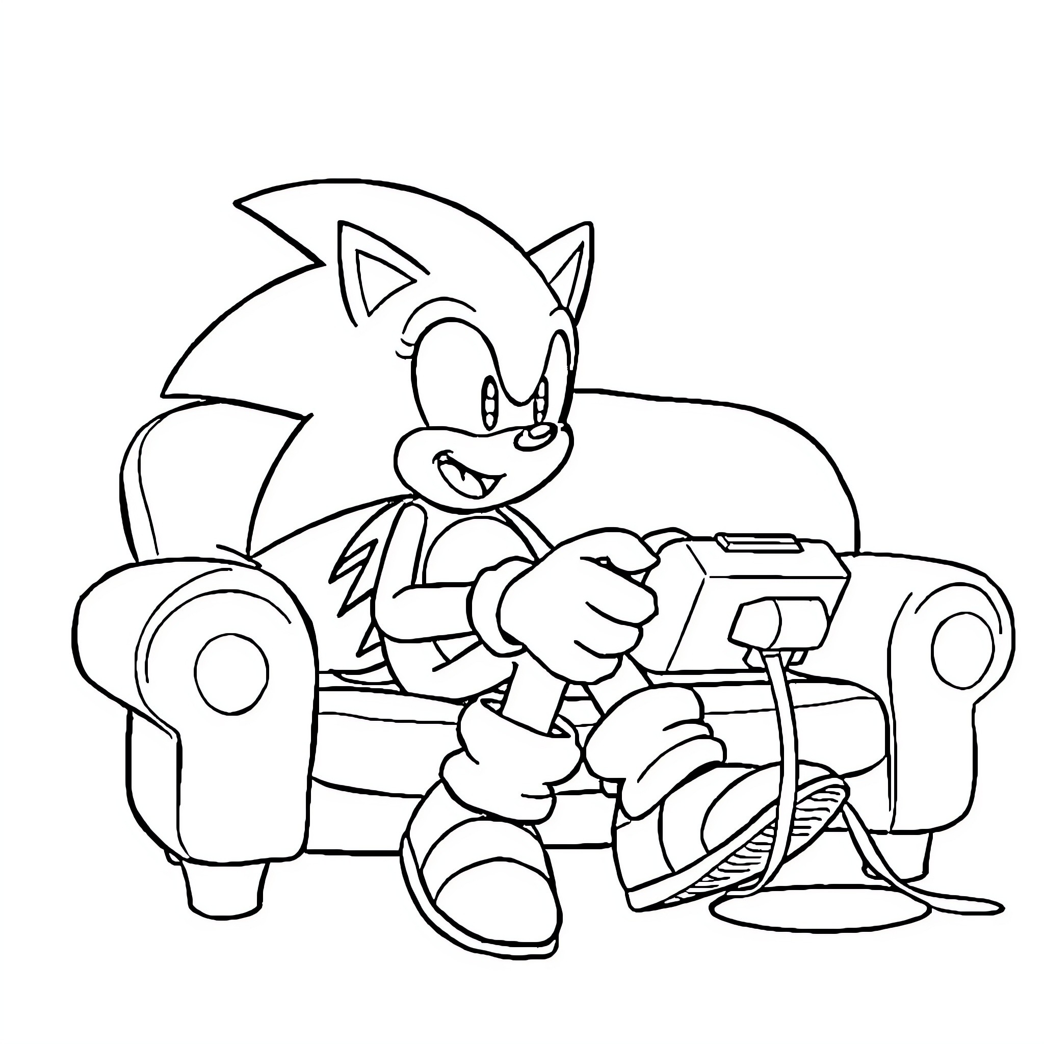 Sonic relaxing on the couch with video game controller Coloring Page (free black-and-white line drawing printable PDF for all, from beginners to advanced learners, including children, teens, adults, and seniors)