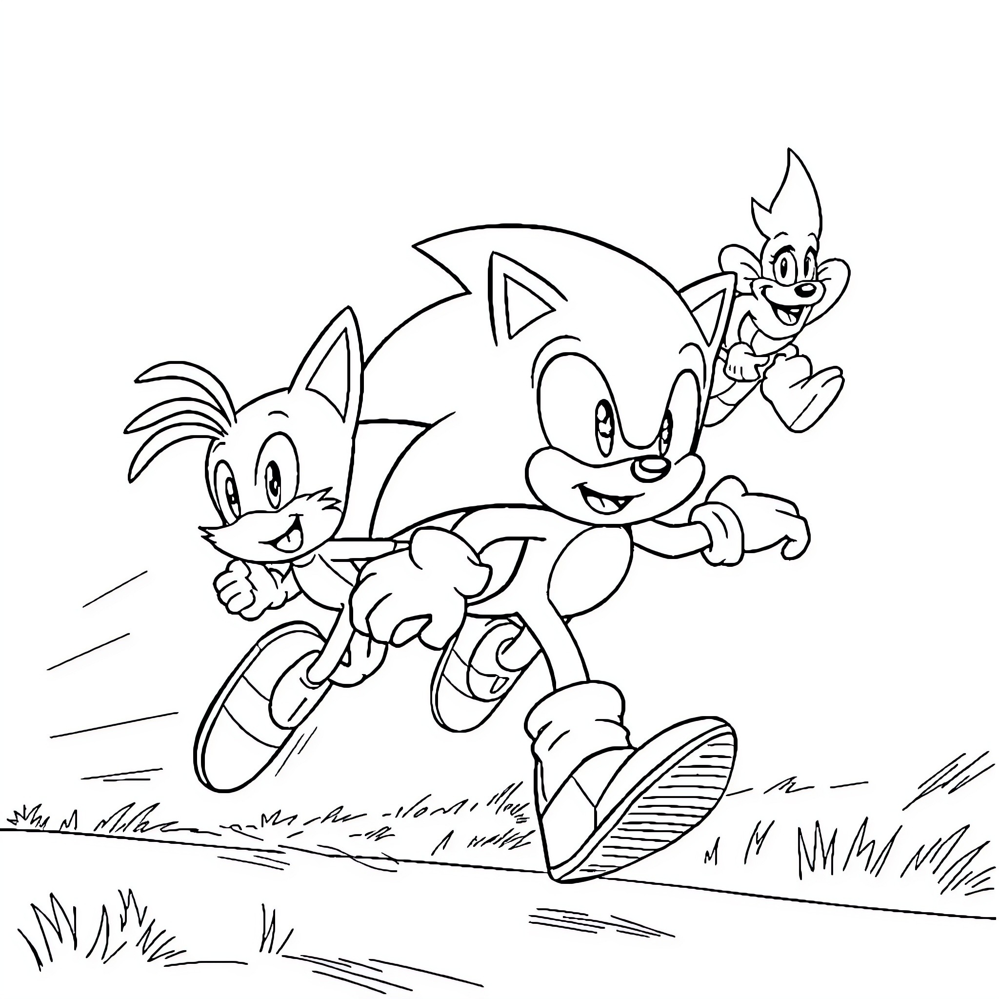 Sonic and Friends Running Playfully Coloring Page (free black-and-white line drawing printable PDF for all, from beginners to advanced learners, including children, teens, adults, and seniors)