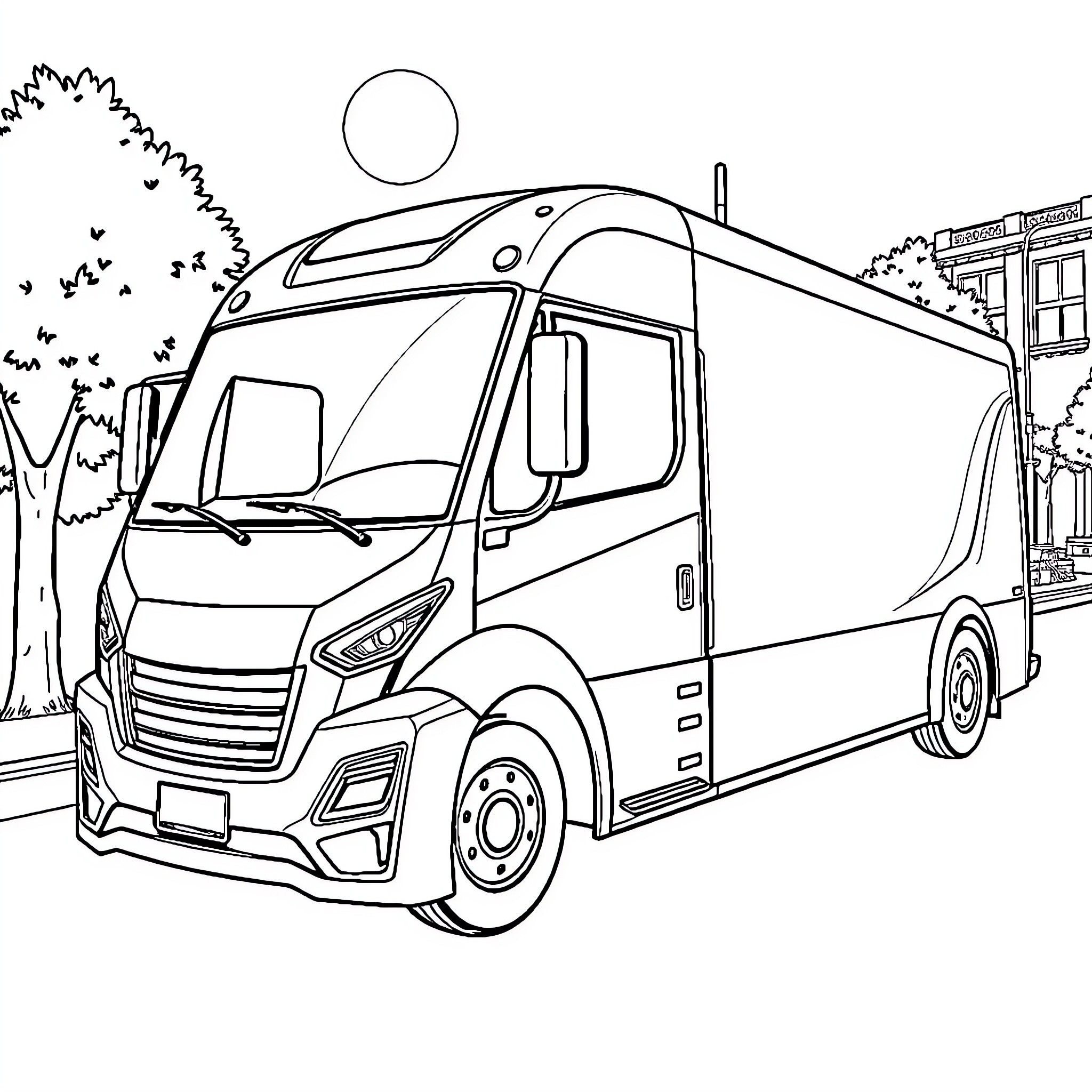 Cybertruck delivery van on urban street Coloring Page (free black-and-white line drawing printable PDF for all, from beginners to advanced learners, including children, teens, adults, and seniors)