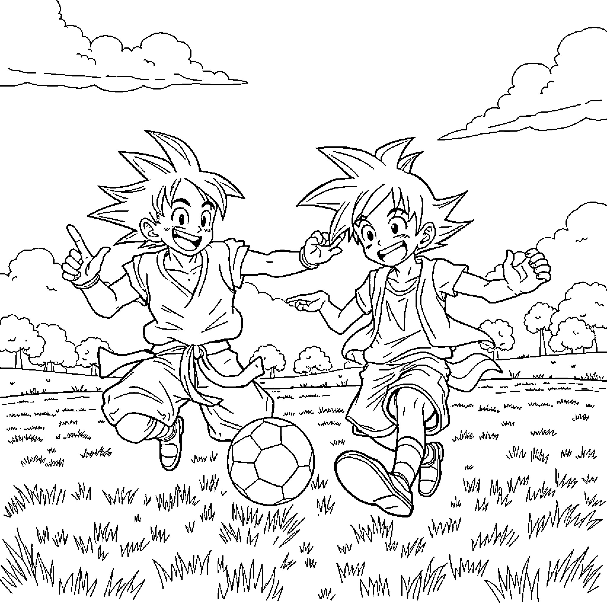 Goku and friend playing soccer in the park Coloring Page (free black-and-white line drawing printable PDF for all, from beginners to advanced learners, including children, teens, adults, and seniors)