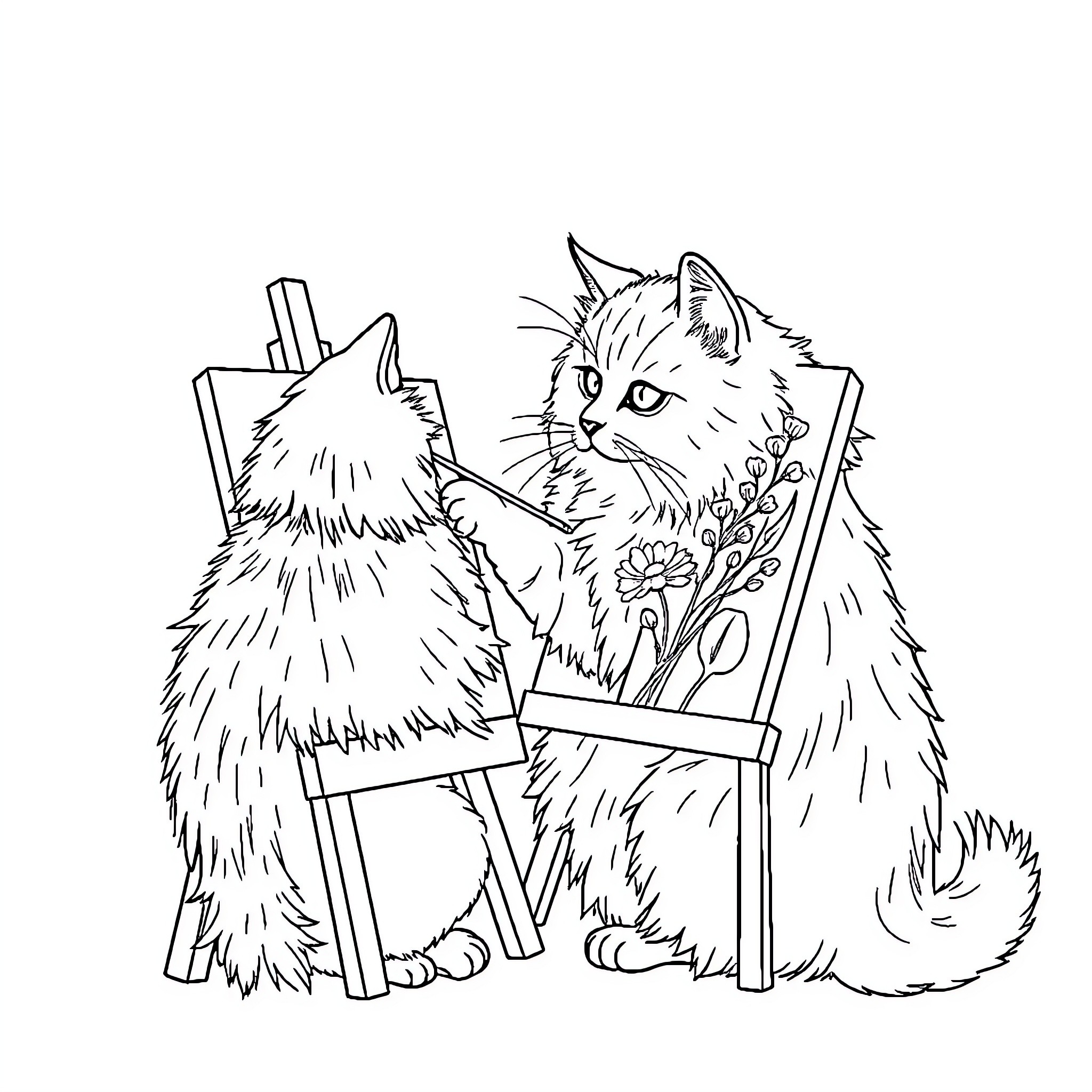 Cats creating art on canvas Coloring Page (free black-and-white line drawing printable PDF for all, from beginners to advanced learners, including children, teens, adults, and seniors)
