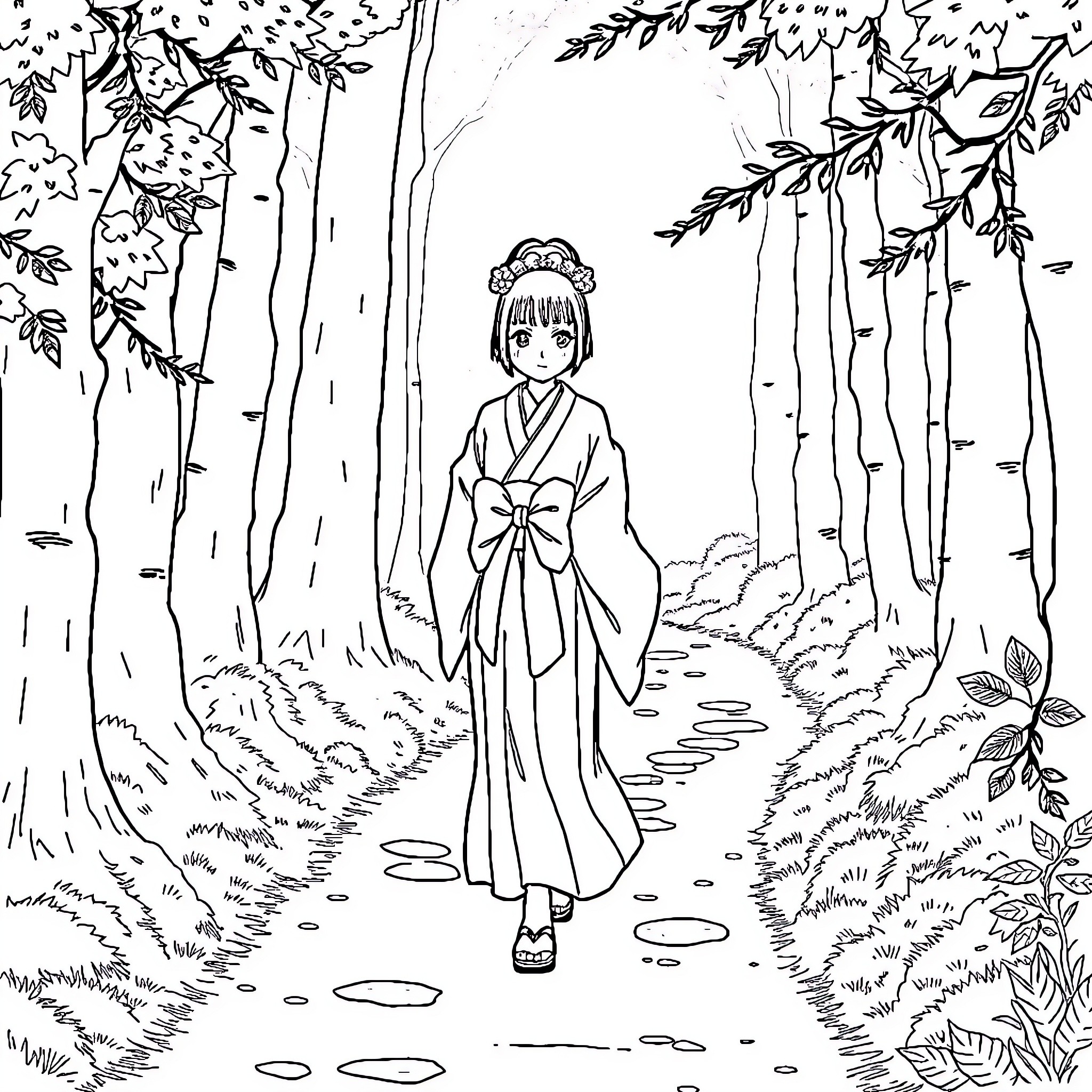 Nezuko's serene stroll through the enchanted forest Coloring Page (free black-and-white line drawing printable PDF for all, from beginners to advanced learners, including children, teens, adults, and seniors)