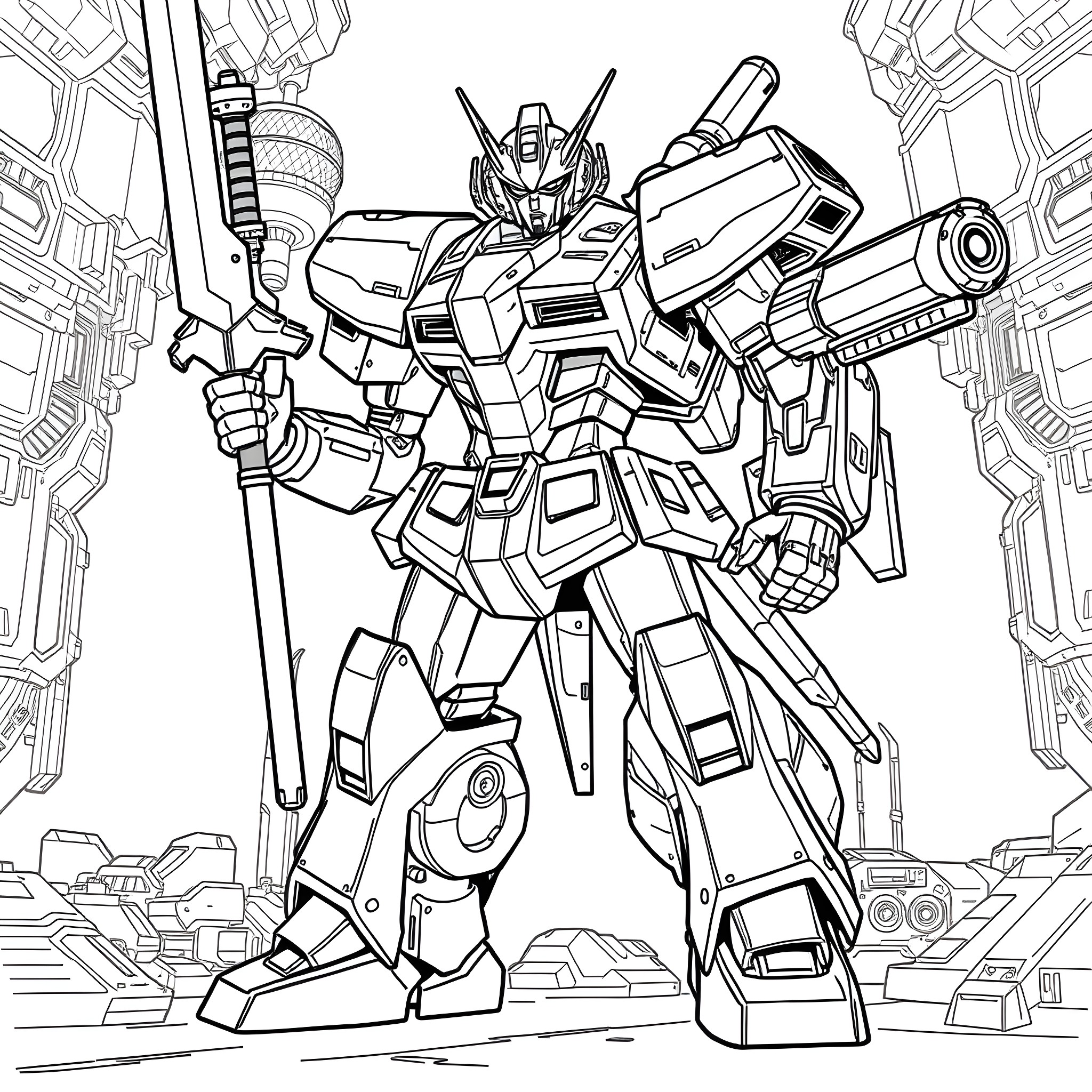 Robot Warrior in Futuristic Battle Gear Coloring Page (free black-and-white line drawing printable PDF for all, from beginners to advanced learners, including children, teens, adults, and seniors)