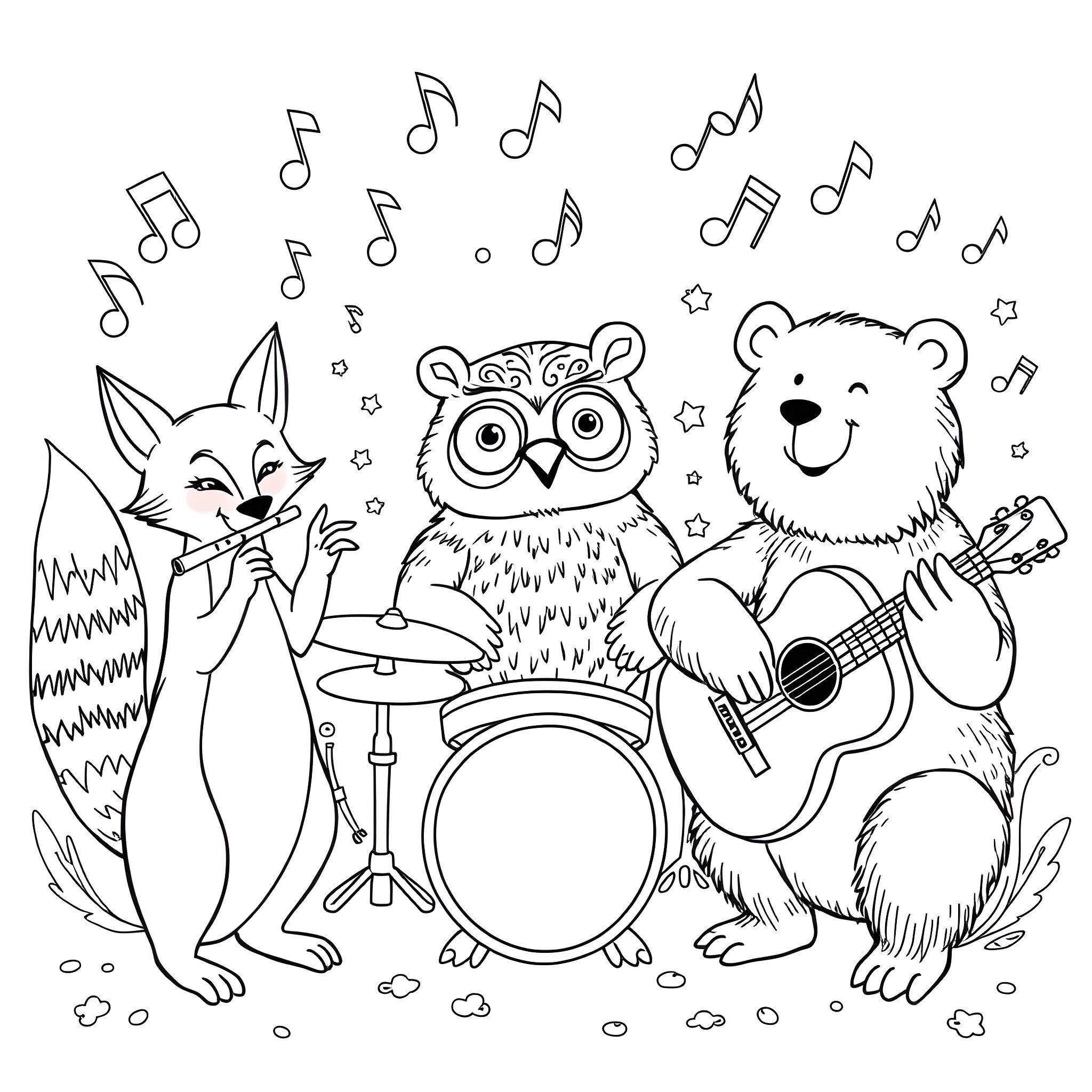 Animal friends playing musical instruments with joy Coloring Page (free black-and-white line drawing printable PDF for all, from beginners to advanced learners, including children, teens, adults, and seniors)