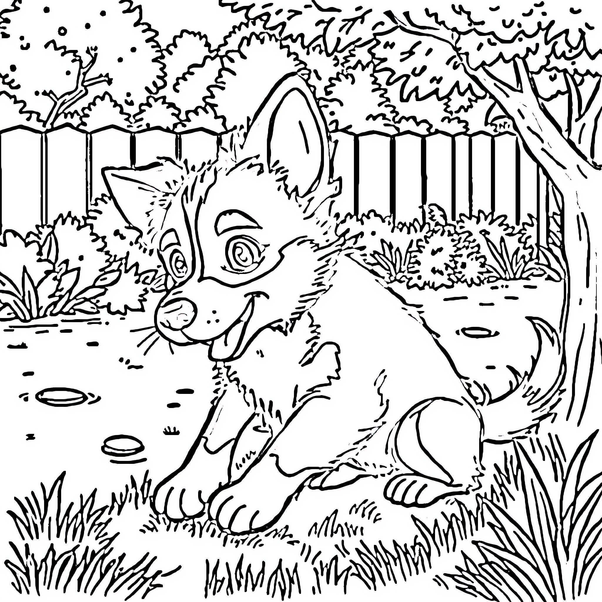 Bluey playing happily in the forest Coloring Page (free black-and-white line drawing printable PDF for all, from beginners to advanced learners, including children, teens, adults, and seniors)