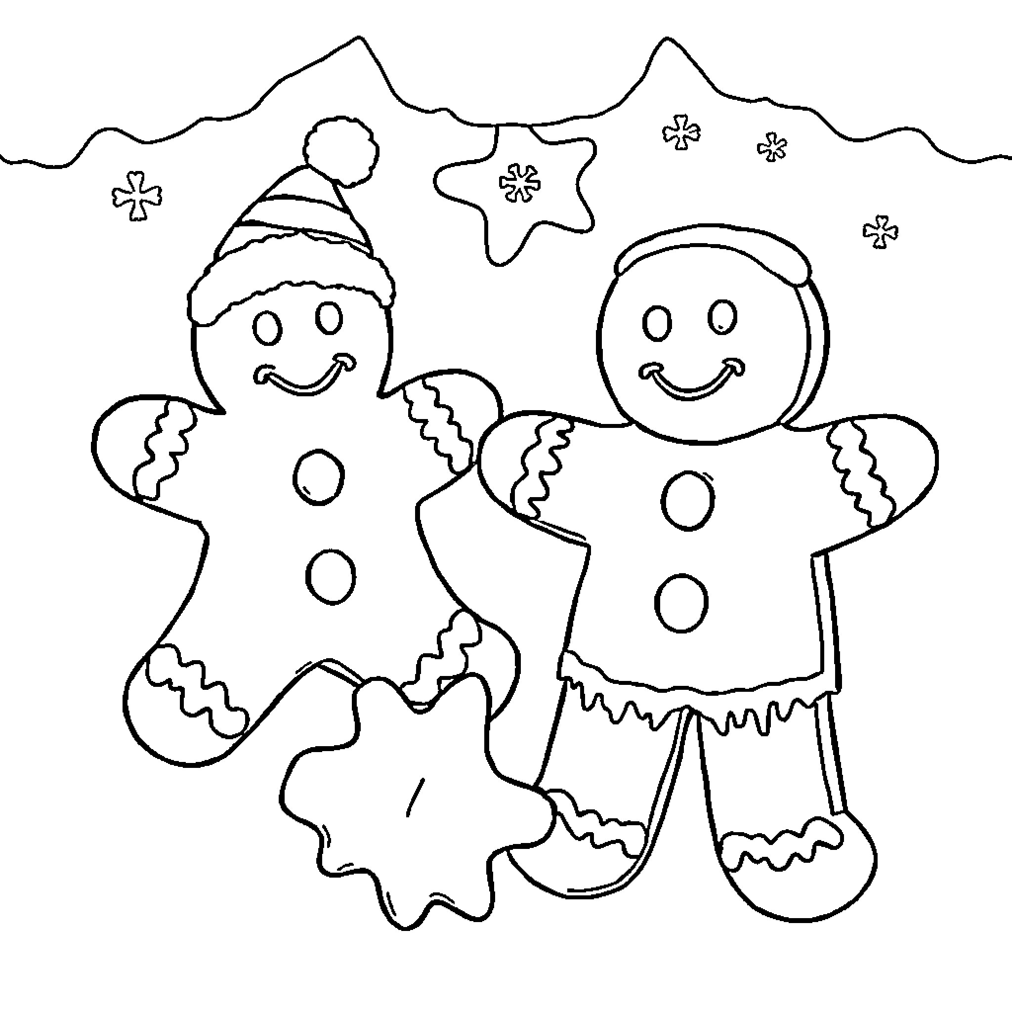 Cookie Friends Celebrate Winter Holidays Coloring Page (free black-and-white line drawing printable PDF for all, from beginners to advanced learners, including children, teens, adults, and seniors)