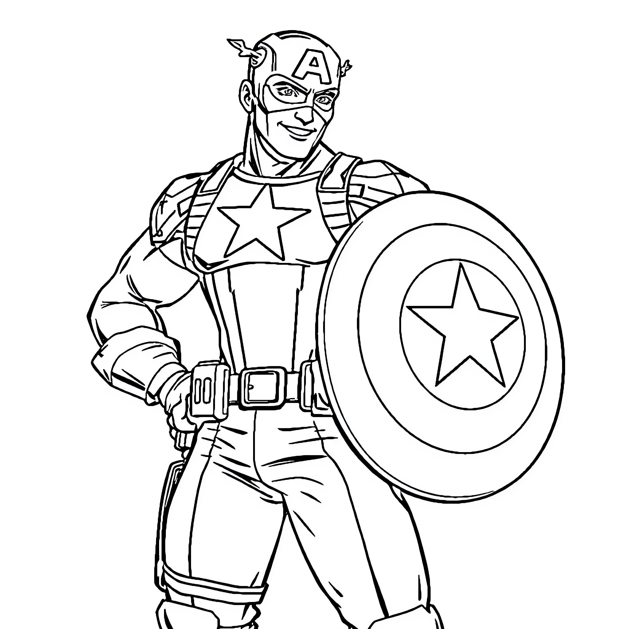 Captain America in Heroic Pose with Shield Coloring Page (free black-and-white line drawing printable PDF for all, from beginners to advanced learners, including children, teens, adults, and seniors)