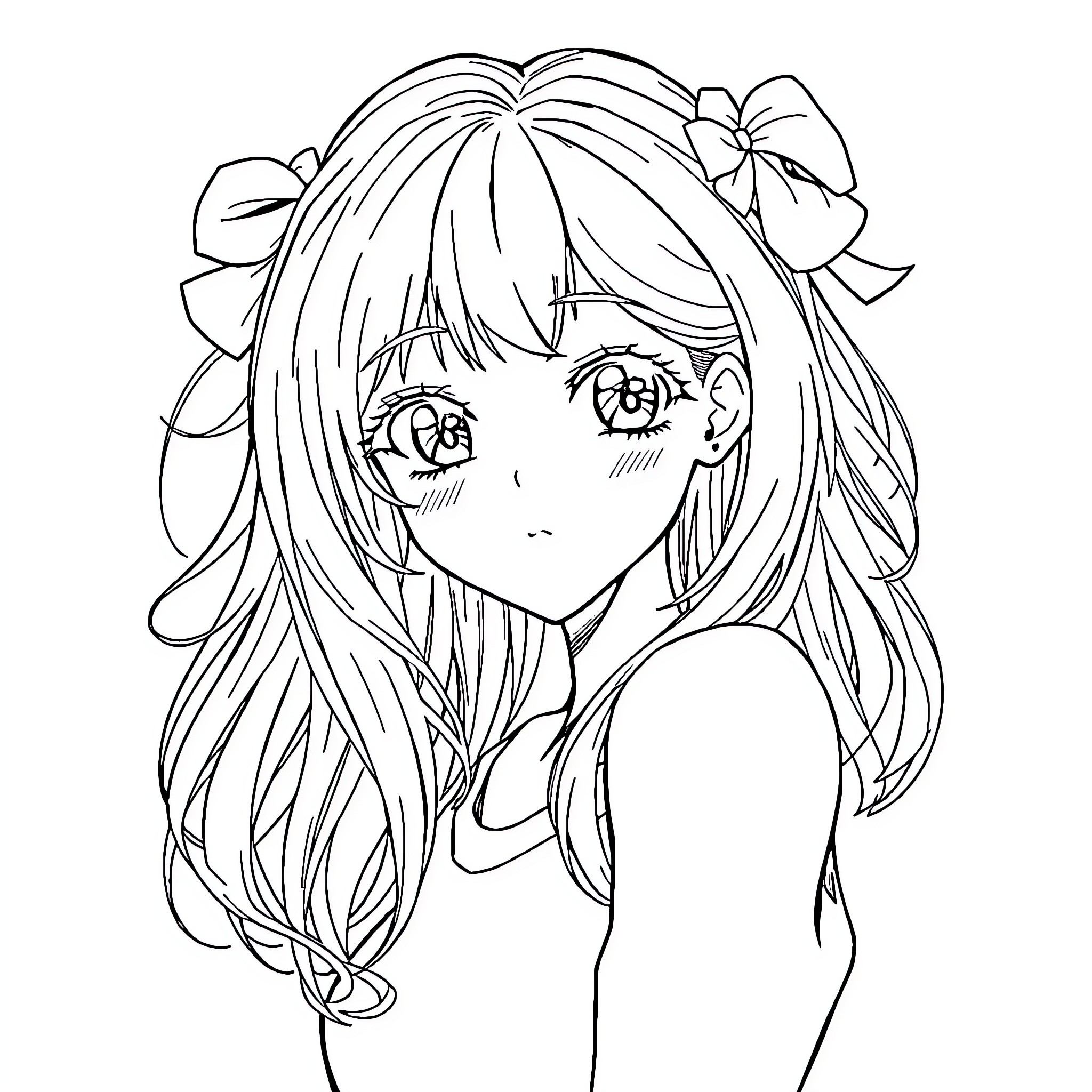 Anime Girl with Bows and Flowing Hair Coloring Page (free black-and-white line drawing printable PDF for all, from beginners to advanced learners, including children, teens, adults, and seniors)