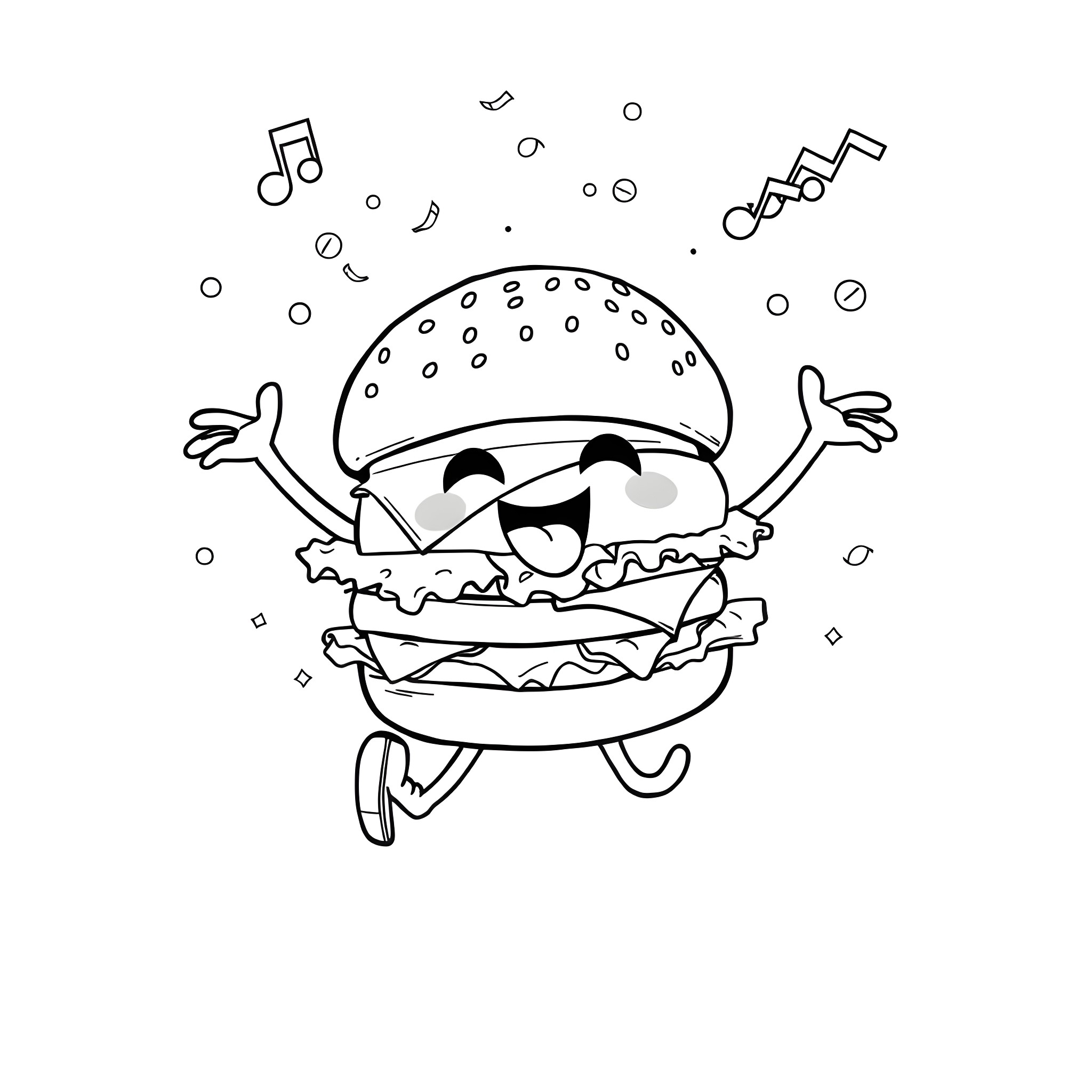 Hamburger dancing and singing happily Coloring Page (free black-and-white line drawing printable PDF for all, from beginners to advanced learners, including children, teens, adults, and seniors)