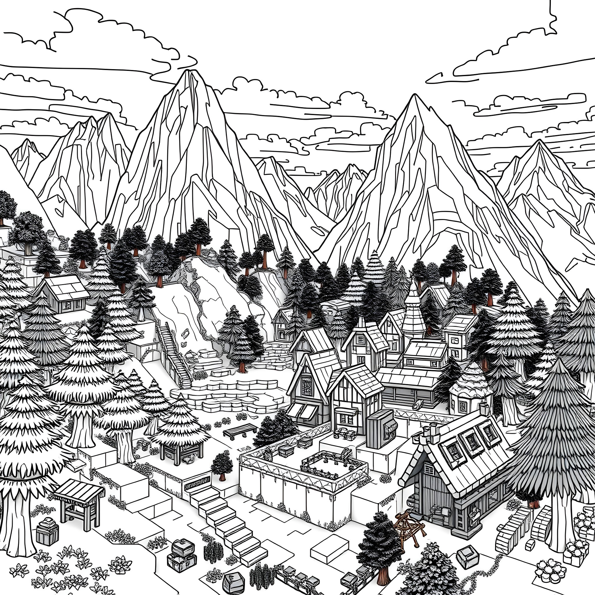Minecraft village nestled in mountainous landscape Coloring Page (free black-and-white line drawing printable PDF for all, from beginners to advanced learners, including children, teens, adults, and seniors)
