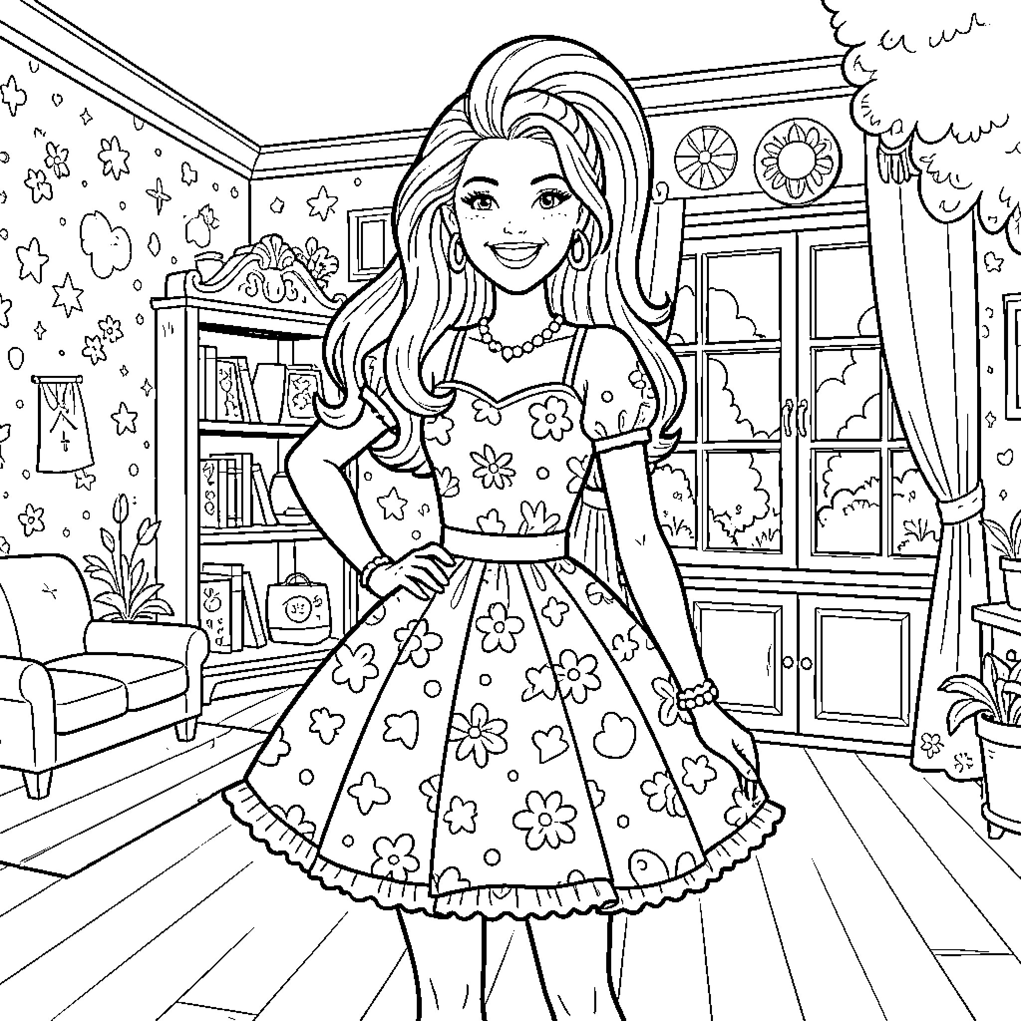 Barbie in a Floral Dress in Her Cozy Home Coloring Page (free black-and-white line drawing printable PDF for all, from beginners to advanced learners, including children, teens, adults, and seniors)