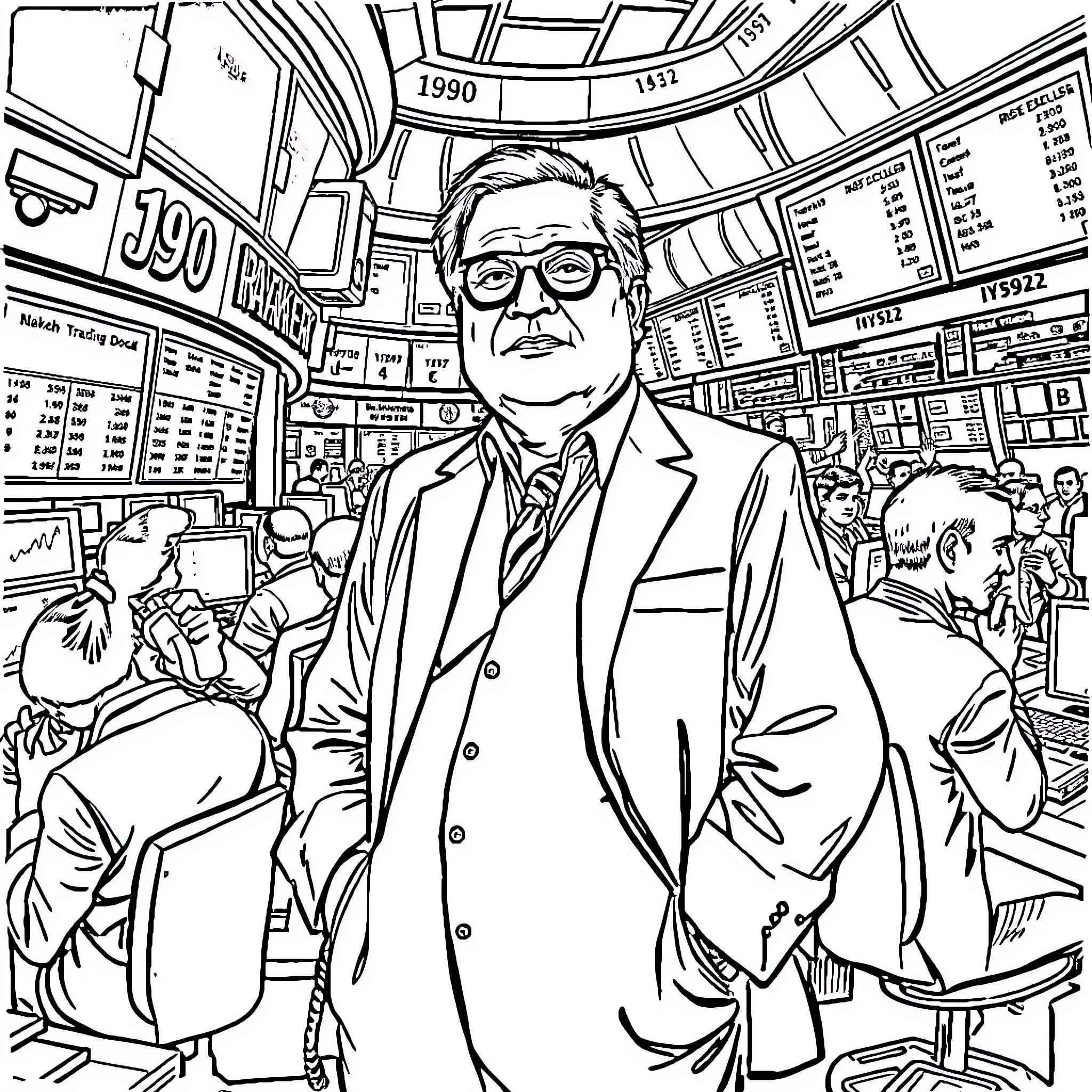 Rakesh Jhunjhunwala in the bustling financial hub Coloring Page (free black-and-white line drawing printable PDF for all, from beginners to advanced learners, including children, teens, adults, and seniors)