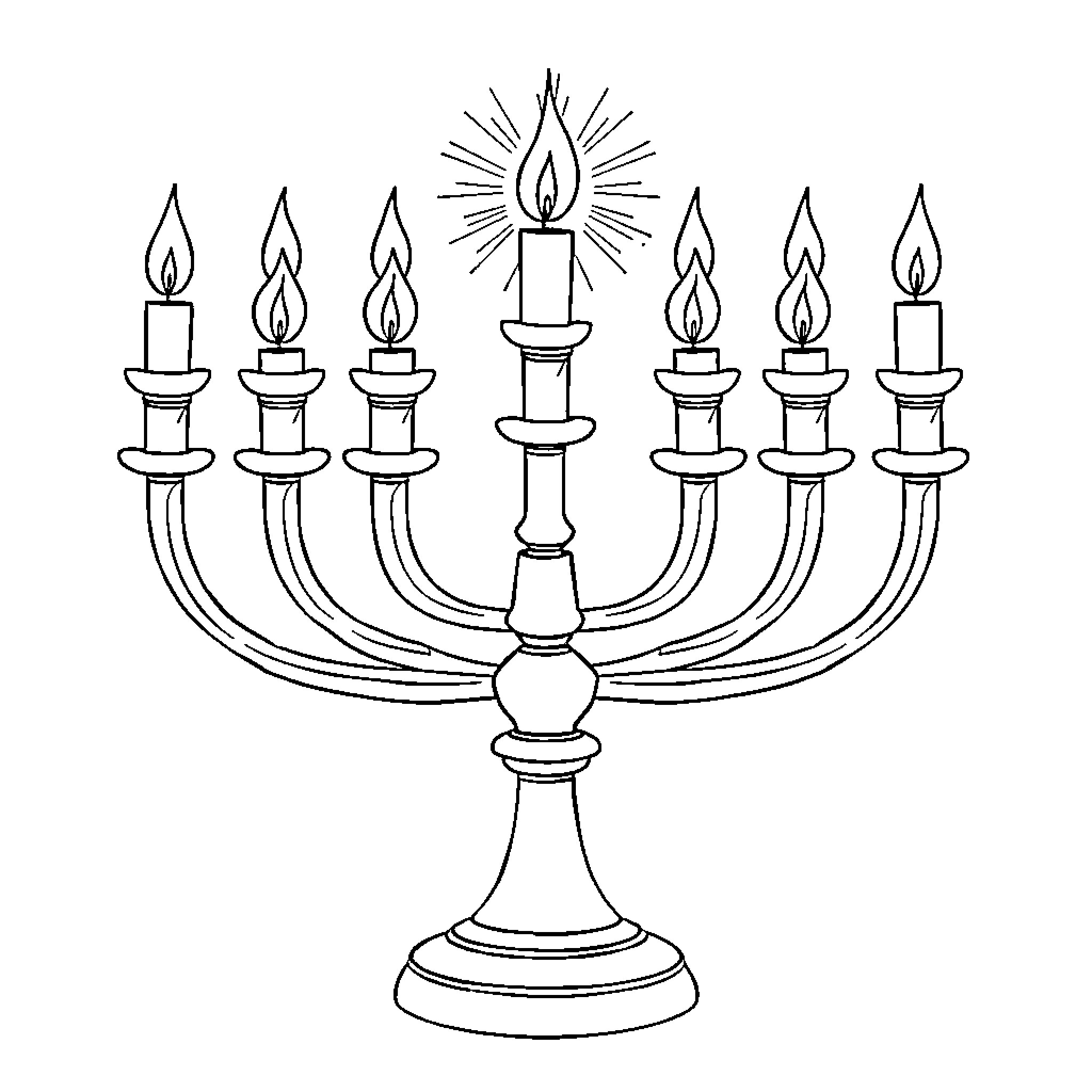 Menorah with flickering candles Coloring Page (free black-and-white line drawing printable PDF for all, from beginners to advanced learners, including children, teens, adults, and seniors)