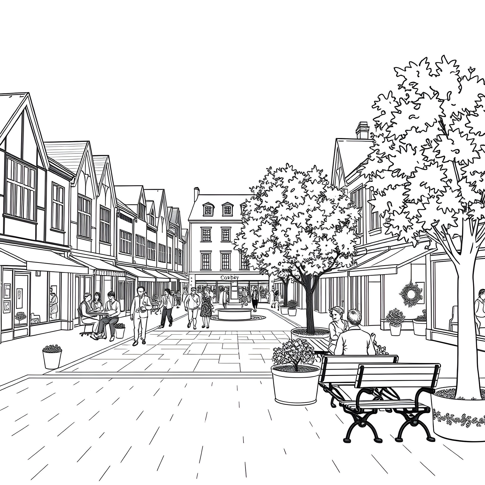 Corby: Bustling Pedestrian Street in a Historic Town Coloring Page (free black-and-white line drawing printable PDF for all, from beginners to advanced learners, including children, teens, adults, and seniors)