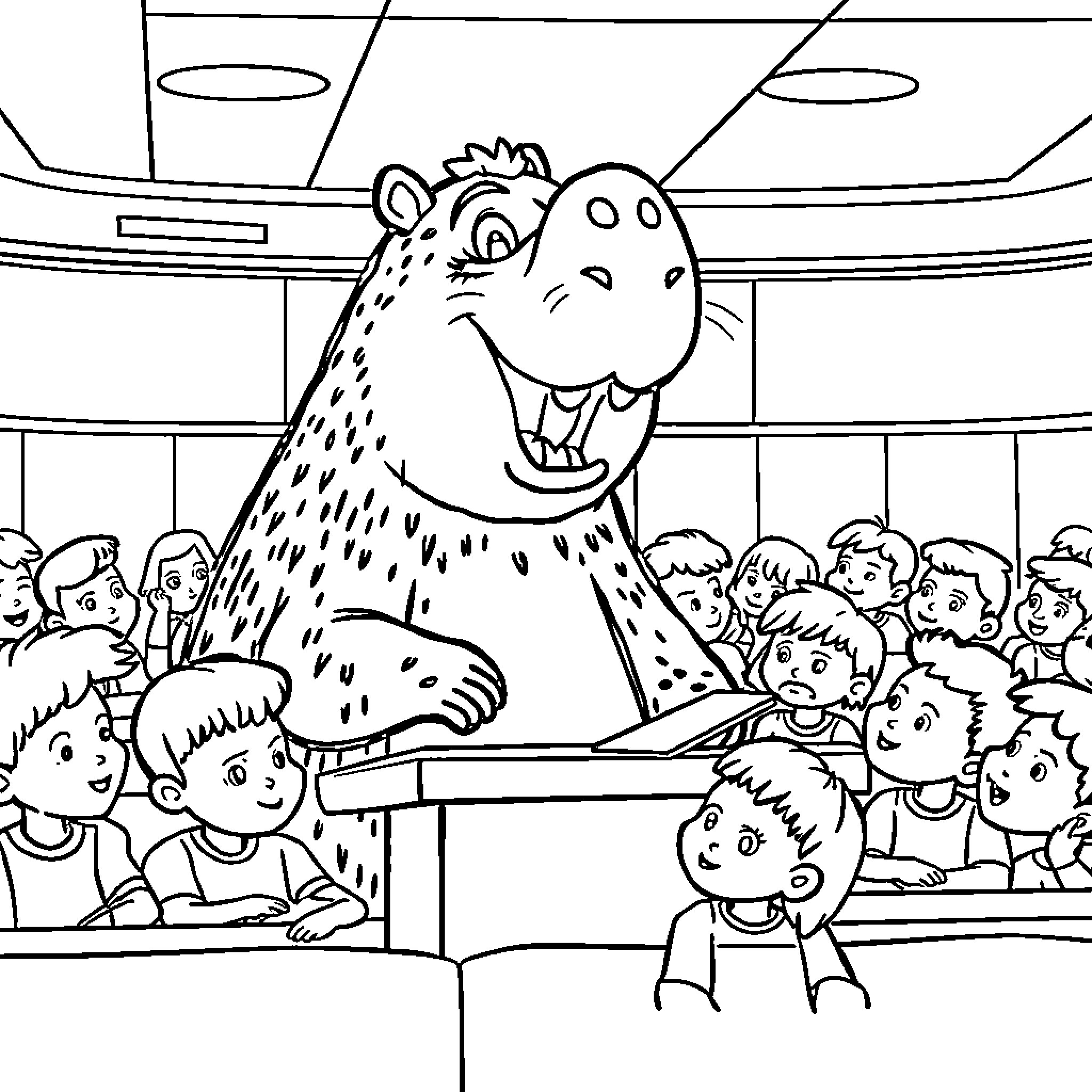 Capybara performing in front of a crowd Coloring Page (free black-and-white line drawing printable PDF for all, from beginners to advanced learners, including children, teens, adults, and seniors)