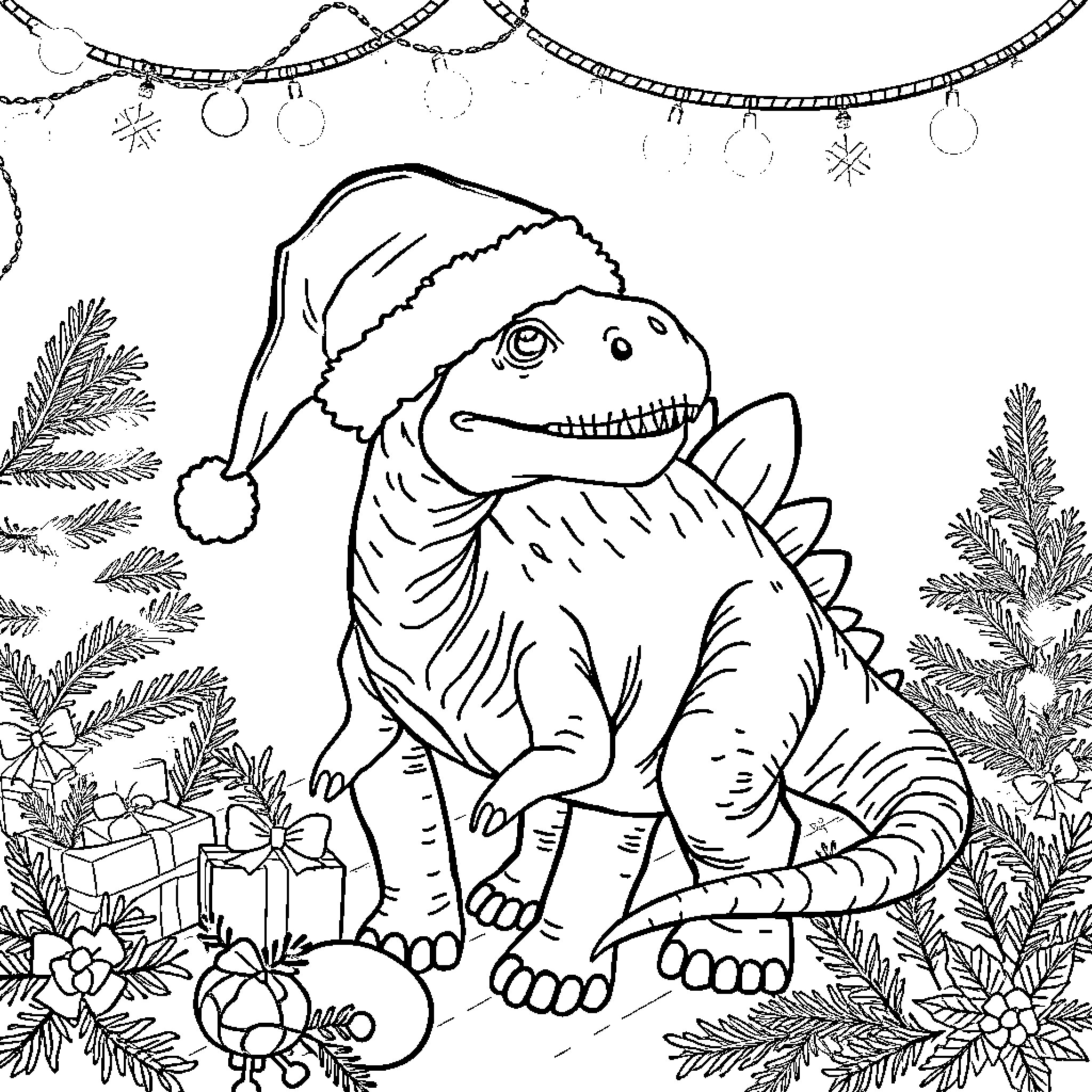 Spinosaurus wearing a Santa hat in a festive winter scene Coloring Page (free black-and-white line drawing printable PDF for all, from beginners to advanced learners, including children, teens, adults, and seniors)