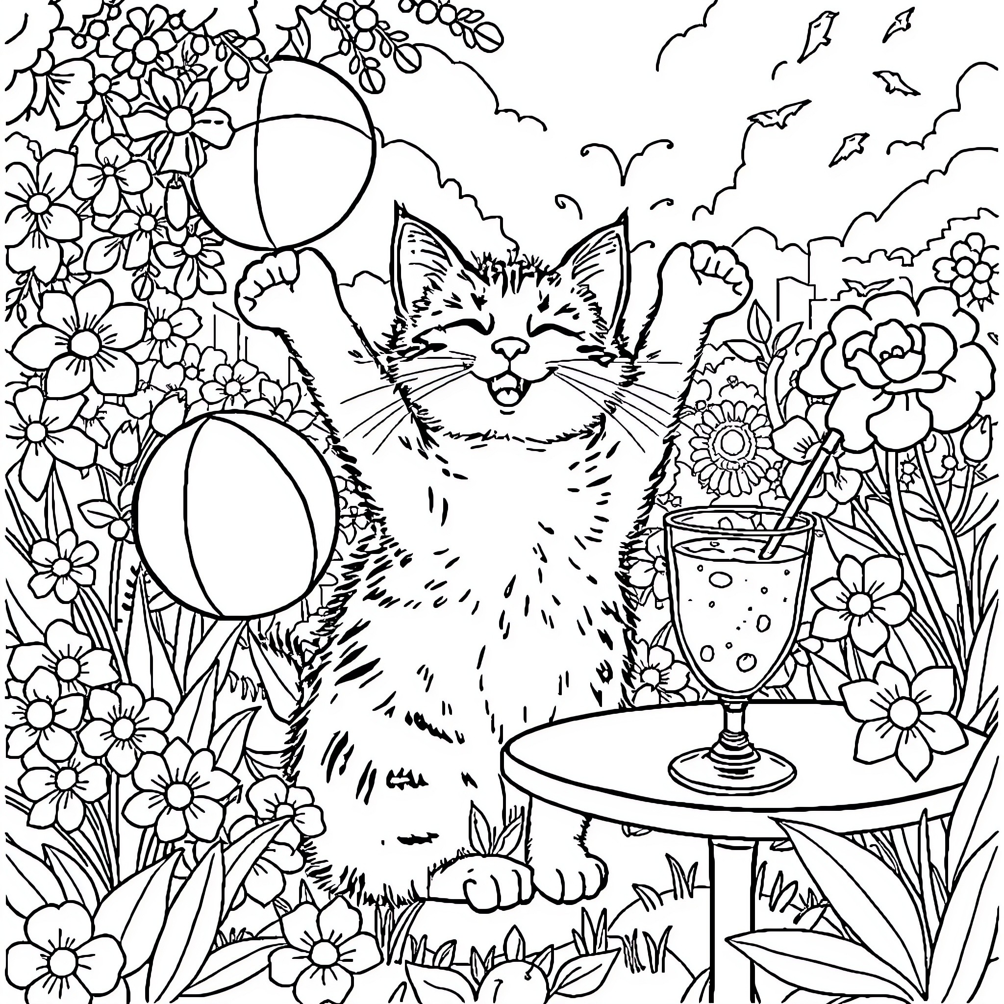 Chat with curious cat in enchanting garden Coloring Page (free black-and-white line drawing printable PDF for all, from beginners to advanced learners, including children, teens, adults, and seniors)