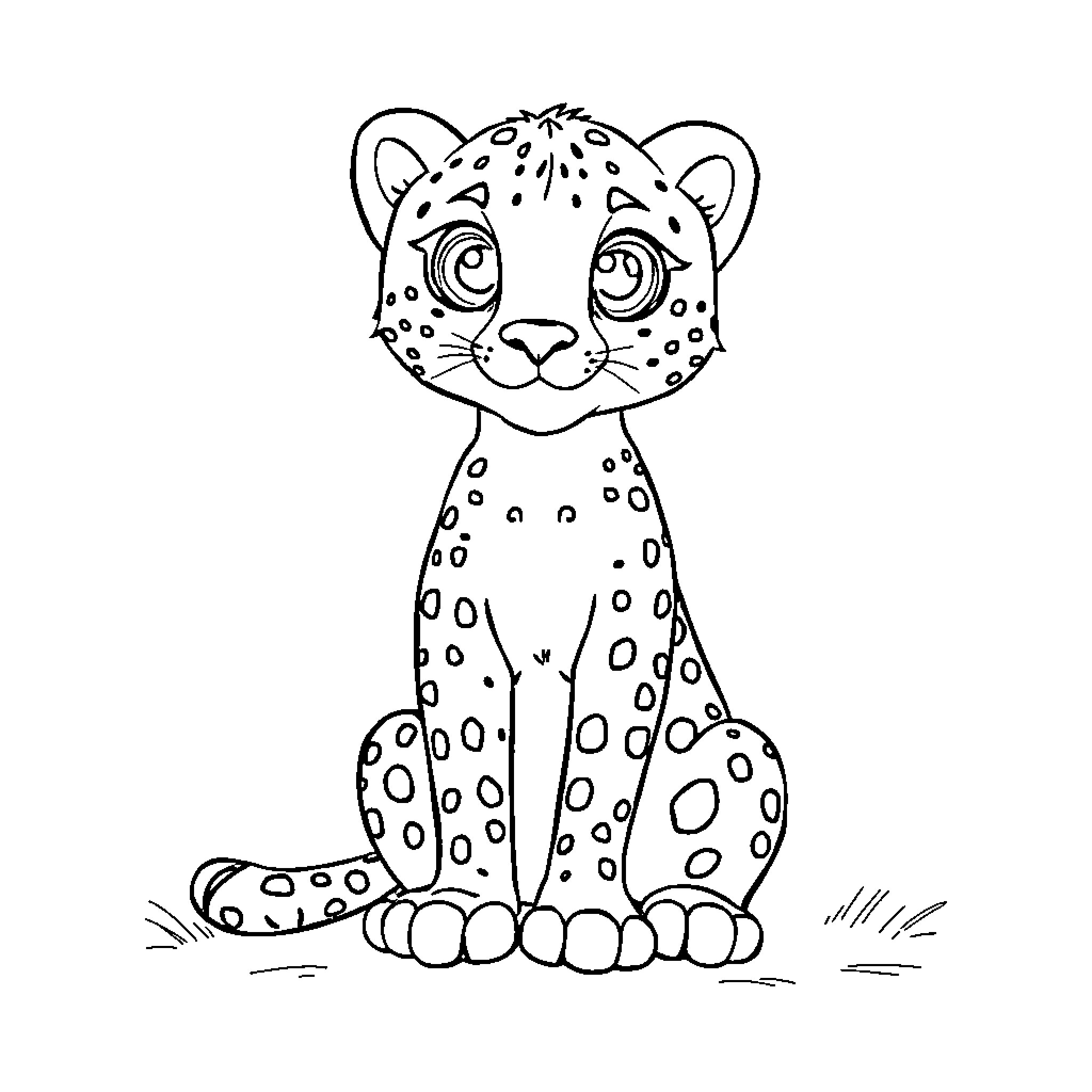 Cheetah in cute and whimsical illustration Coloring Page (free black-and-white line drawing printable PDF for all, from beginners to advanced learners, including children, teens, adults, and seniors)