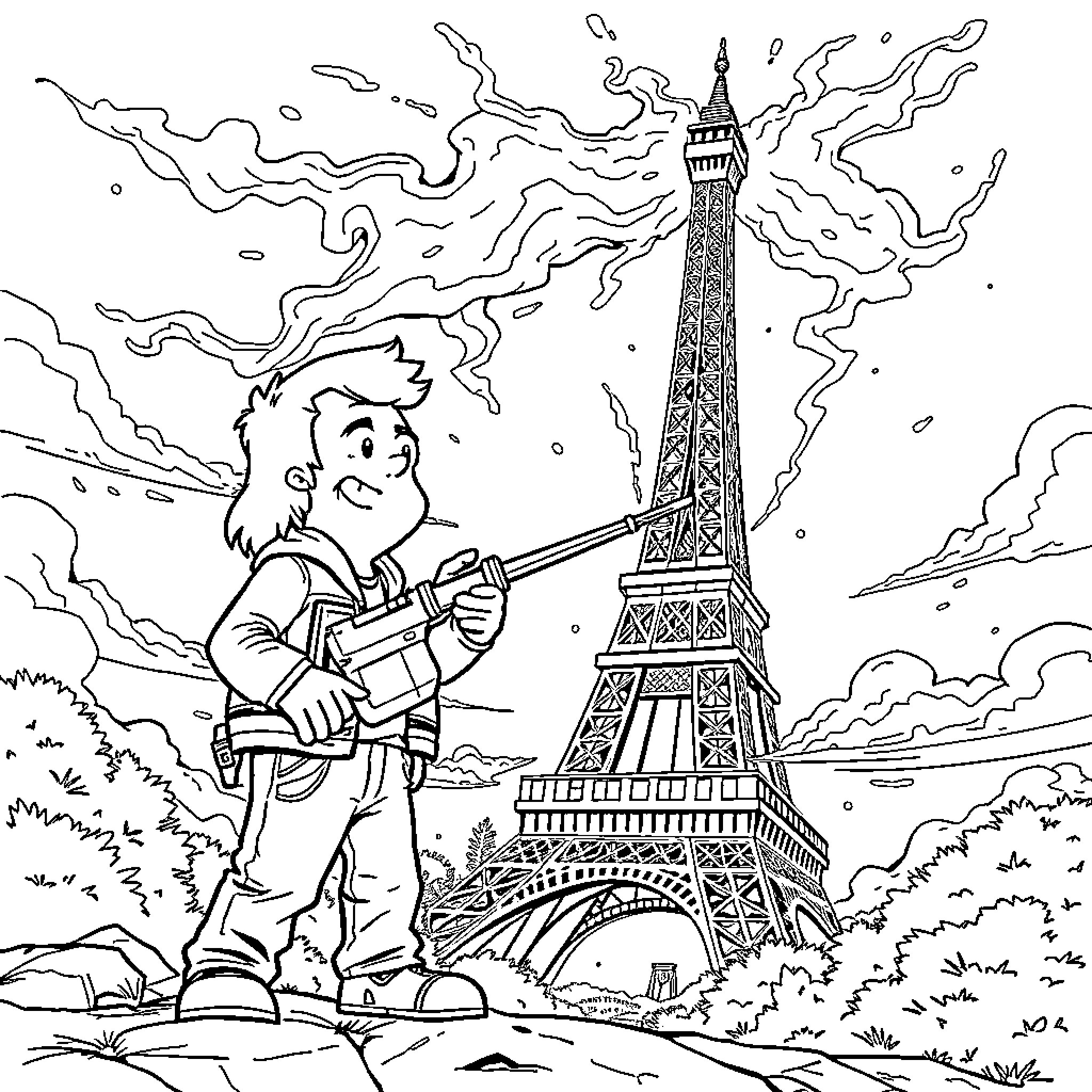 Steve's Adventures at the Eiffel Tower Coloring Page (free black-and-white line drawing printable PDF for all, from beginners to advanced learners, including children, teens, adults, and seniors)