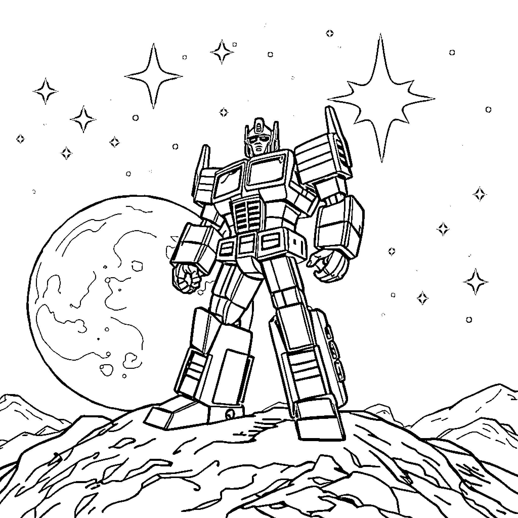 Optimus Stands Heroically Amidst Celestial Splendor Coloring Page (free black-and-white line drawing printable PDF for all, from beginners to advanced learners, including children, teens, adults, and seniors)