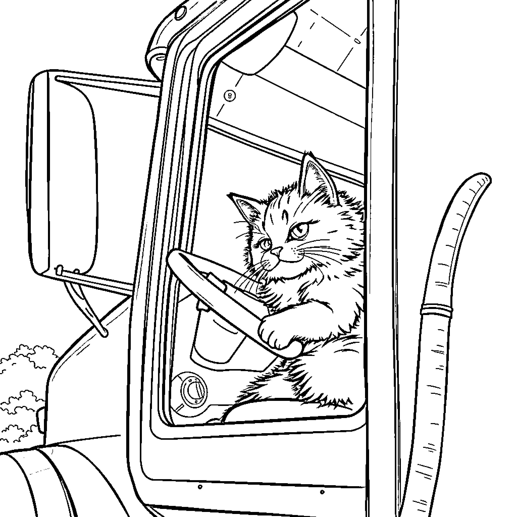 Cat gazes out of vehicle window Coloring Page (free black-and-white line drawing printable PDF for all, from beginners to advanced learners, including children, teens, adults, and seniors)