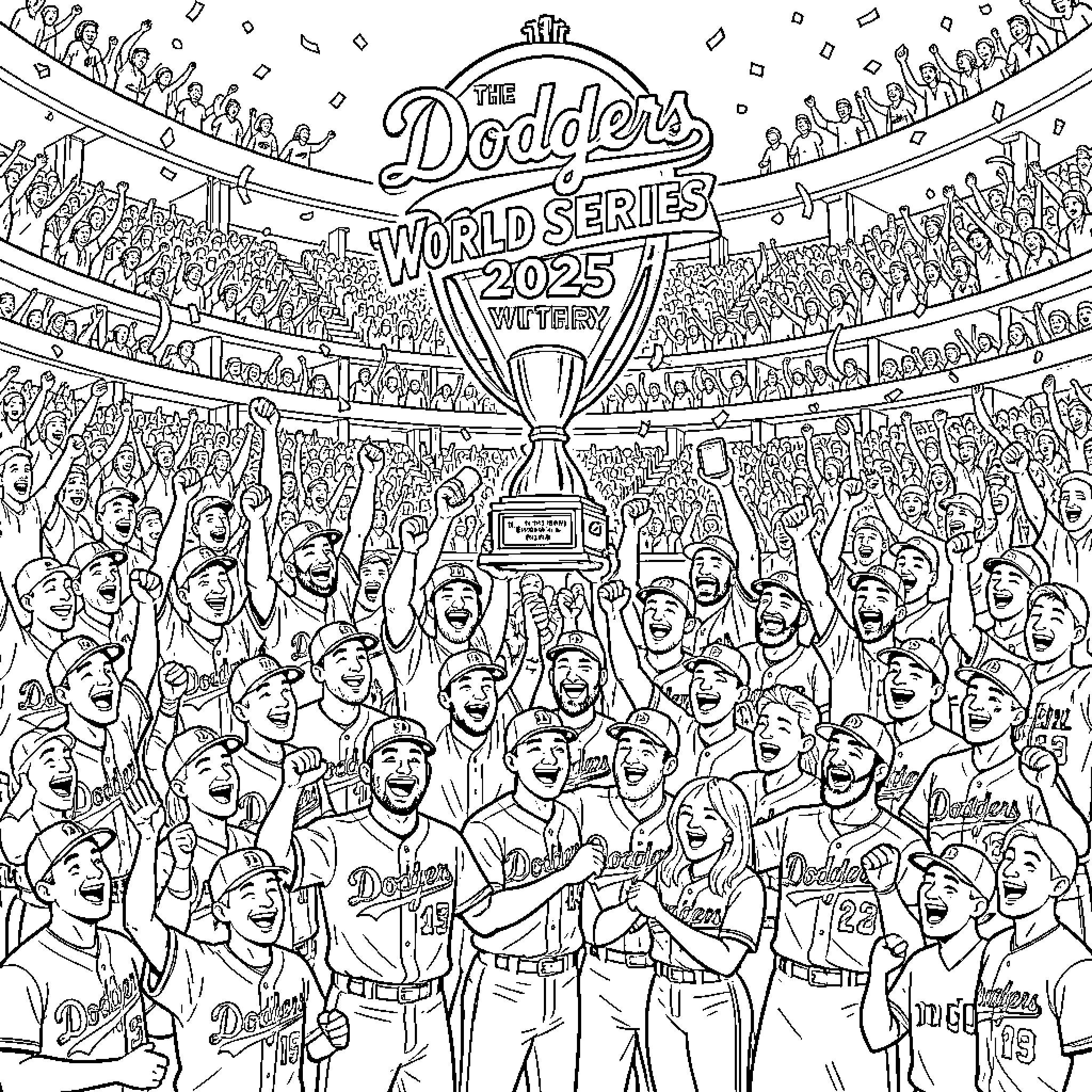 Dodgers celebrate World Series victory with fans Coloring Page (free black-and-white line drawing printable PDF for all, from beginners to advanced learners, including children, teens, adults, and seniors)