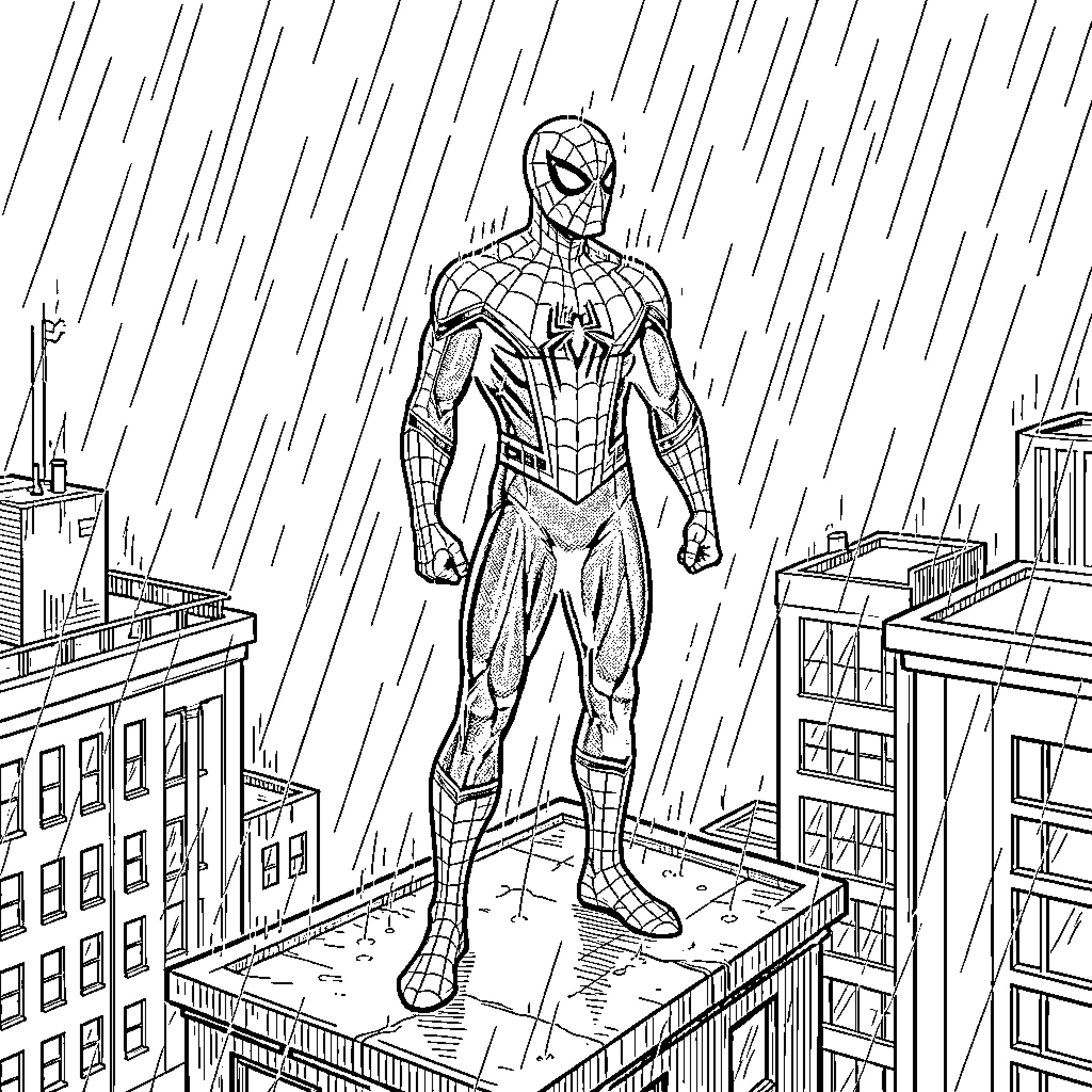 Spider-Man standing heroically on a rooftop in the rain Coloring Page (free black-and-white line drawing printable PDF for all, from beginners to advanced learners, including children, teens, adults, and seniors)