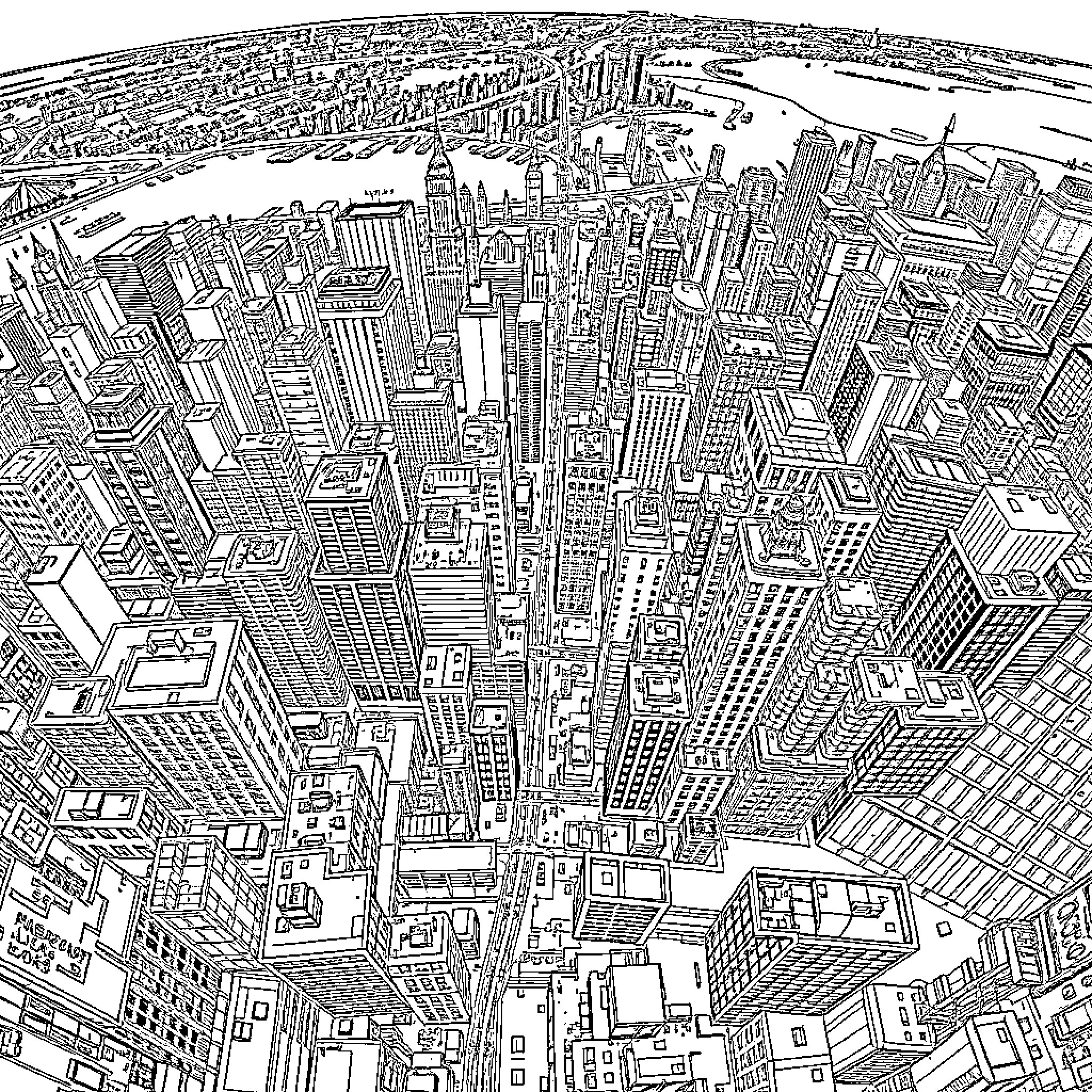 Map of a bustling urban cityscape Coloring Page (free black-and-white line drawing printable PDF for all, from beginners to advanced learners, including children, teens, adults, and seniors)