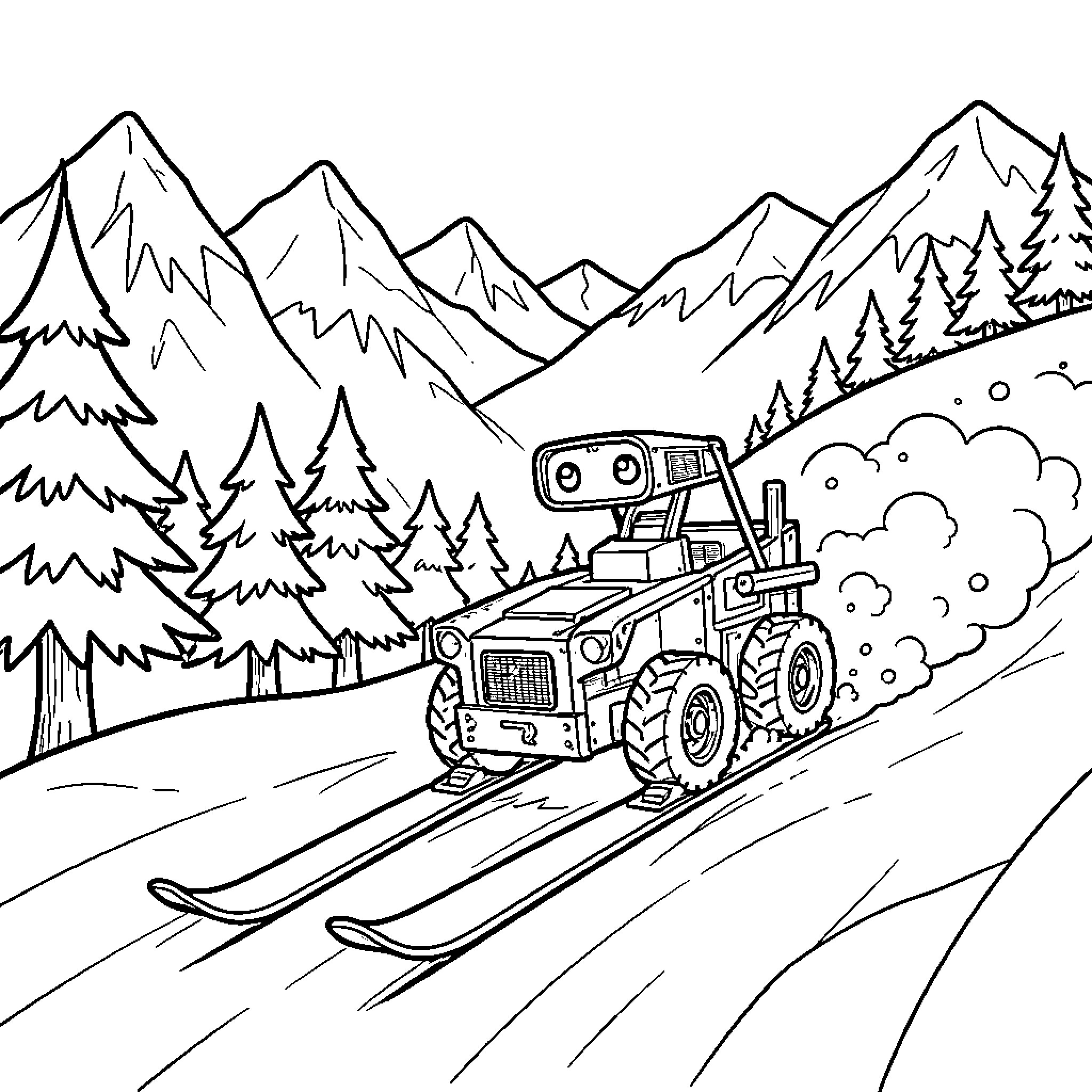 Wall-E skiing down a snowy mountain slope Coloring Page (free black-and-white line drawing printable PDF for all, from beginners to advanced learners, including children, teens, adults, and seniors)