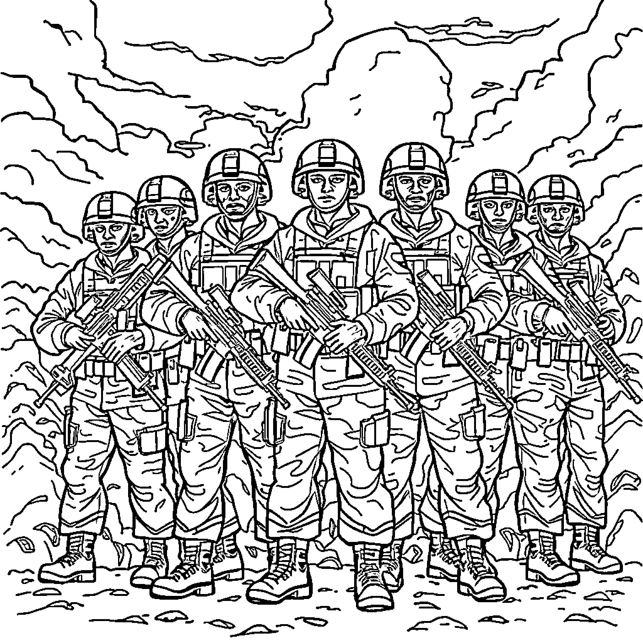 Soldier squad in combat gear ready for action Coloring Page (free black-and-white line drawing printable PDF for all, from beginners to advanced learners, including children, teens, adults, and seniors)