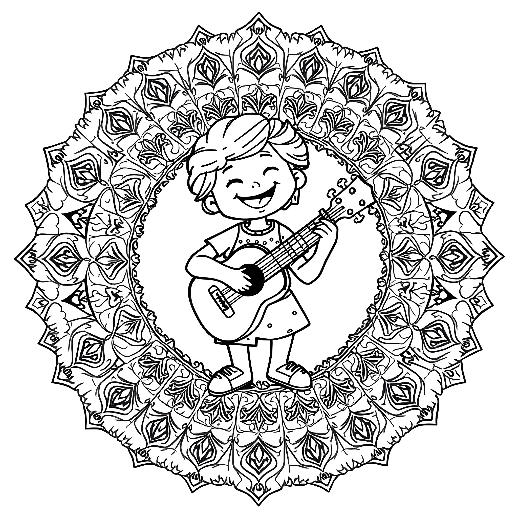 Stitch playing guitar in a floral mandala frame Coloring Page (free black-and-white line drawing printable PDF for all, from beginners to advanced learners, including children, teens, adults, and seniors)