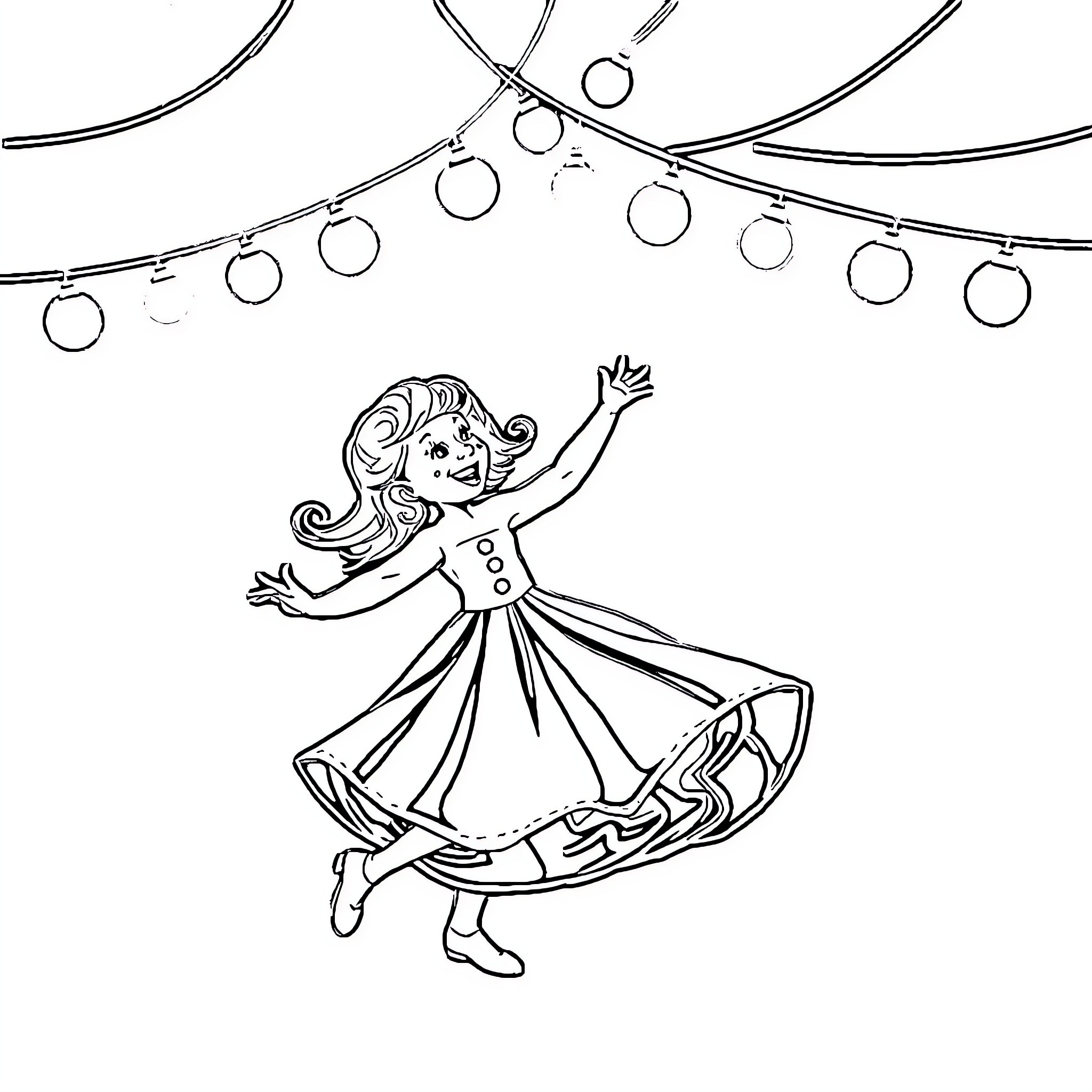 Bubu dancing joyfully under the festive lights Coloring Page (free black-and-white line drawing printable PDF for all, from beginners to advanced learners, including children, teens, adults, and seniors)